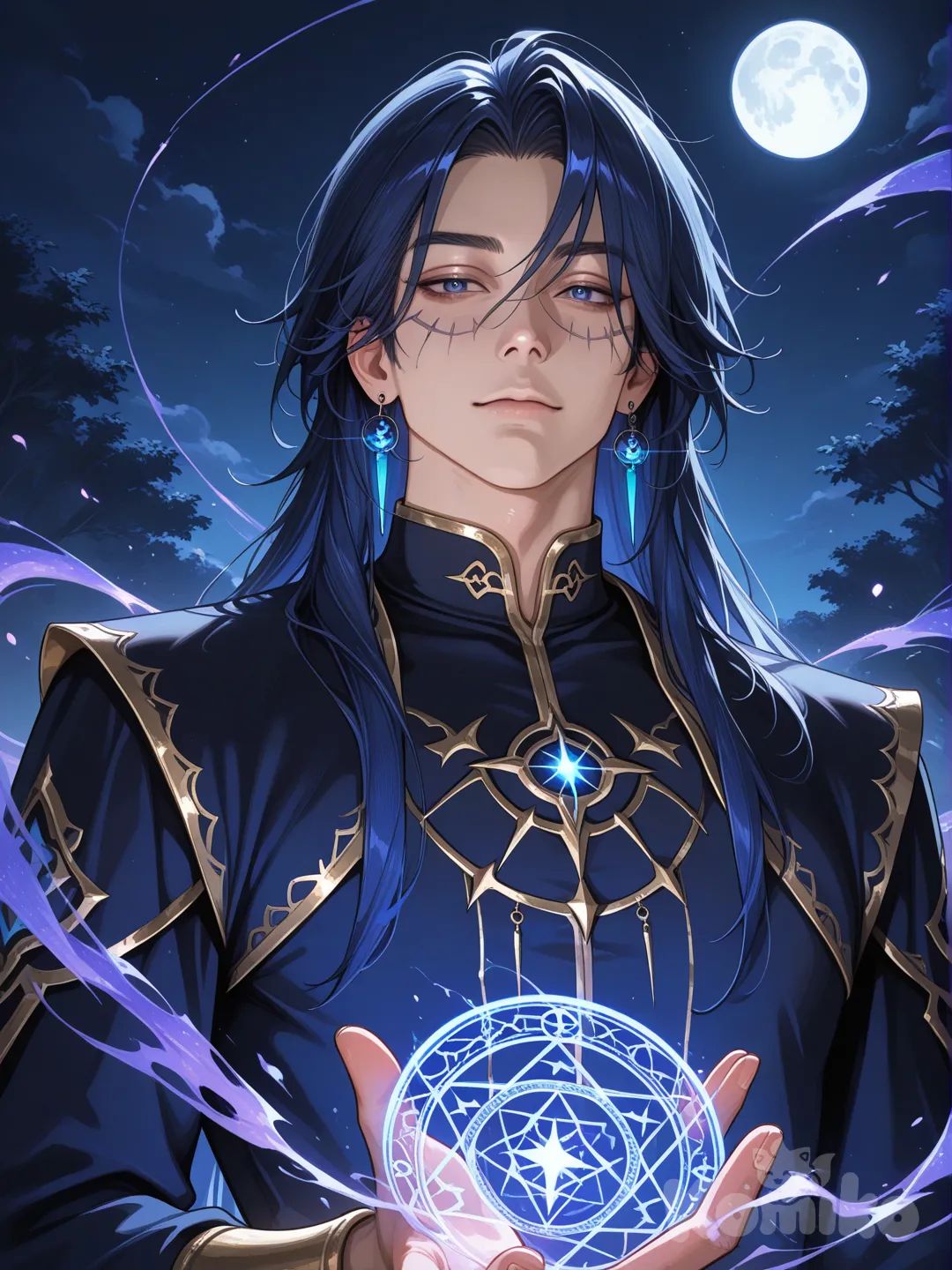1boy, realistic, blue night hair, handsome character, had moon magic circle, earings