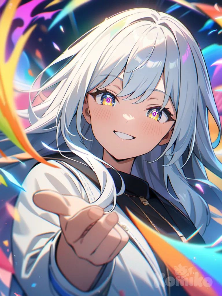 2girls, looking at viewer, smiling, colorful background, eyes, long hair, anime style