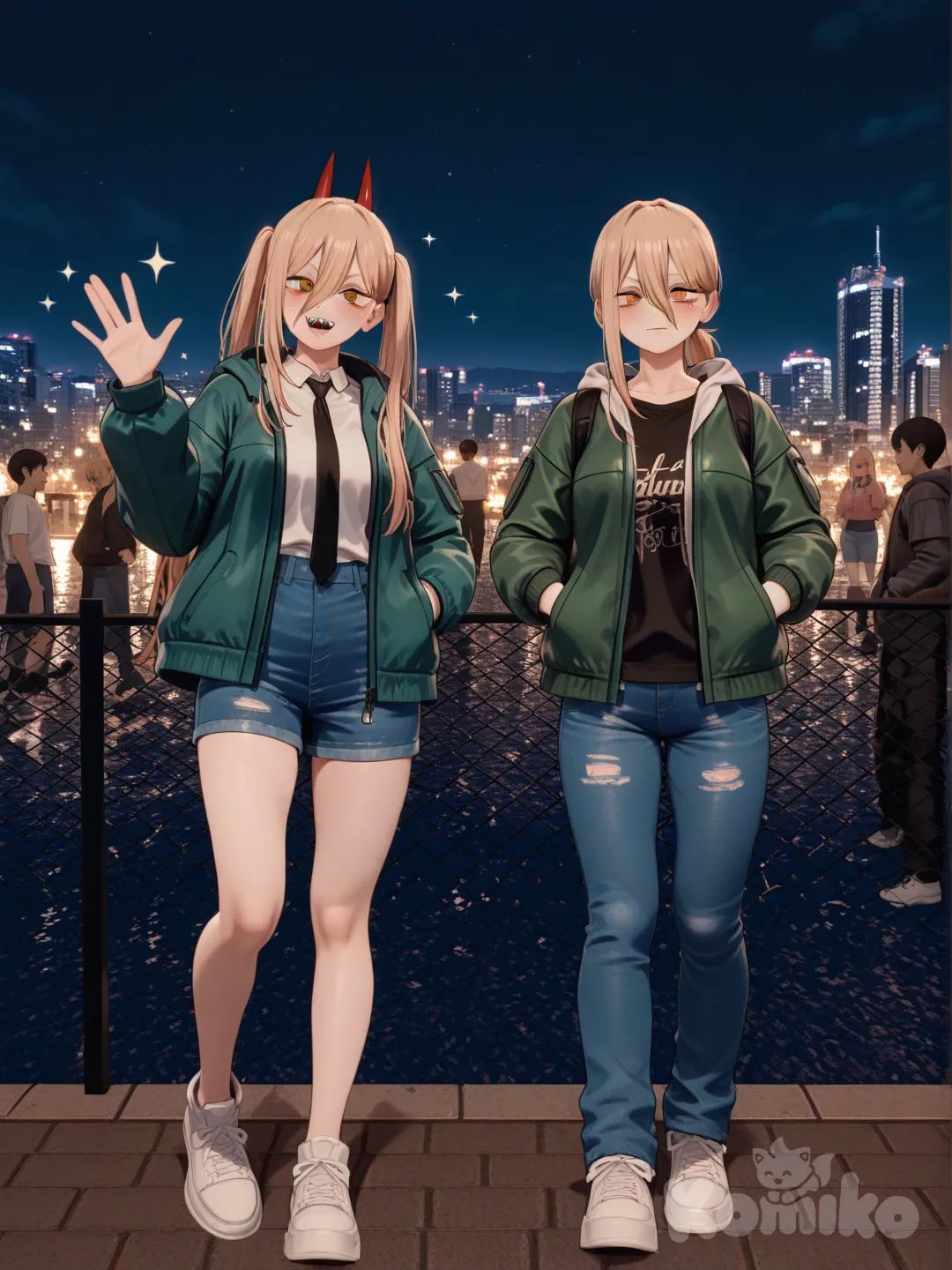 1boy and 1girl, 2people, Power (Chainsaw Man), Nayuta (Chainsaw Man), [3d-model-style], waving, hands in pockets, t-shirt, hoodie, outdoor adventure jacket, jeans, denim skirt, pencil skirt, plastic, tie, blonde hair, twin tails, man bun, full body, night, sparkle, city lights, cityscape