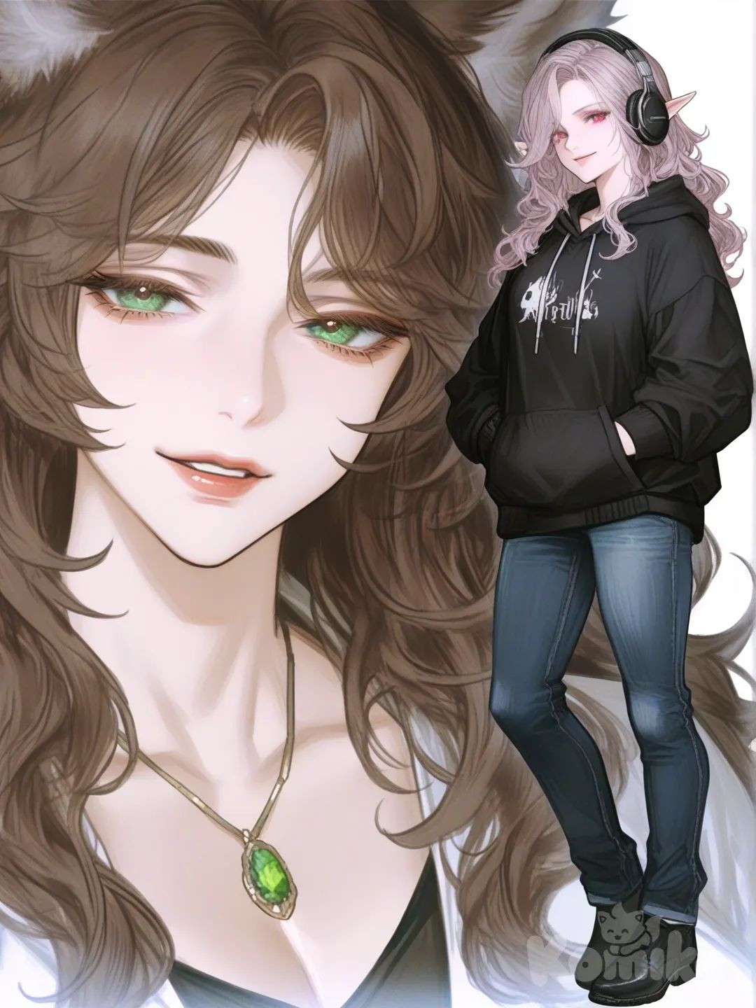 [semi-realistic-portrait-style] 1girl, tall, muscular_female, green_eyes, silver_hair, wavy_hair, smile, broad_shoulders, suit, confident, elf, brown_hair, pink_hair, blue_eyes, pink_eyes, dimples, fair_skin, tan, hoodie, jeans, pencil_skirt, necklace, headphones, wolf_ears, single character, full body, looking at viewer, anime style, simple background, white background