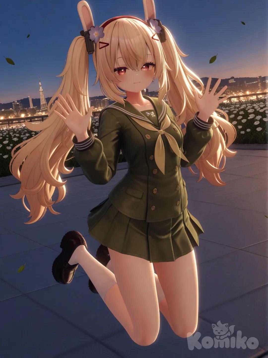 full body, day, city lights, top light, flower field, leaves falling, park, school uniform, plastic, headband, hairpin, cat ears, jewelry, blonde hair, twin tails, olive green, waving, jumping from rooftop, [3d-anime-style], @Laffey_(Azur_Lane)