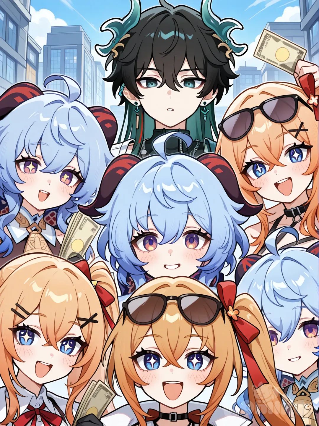 @Kalina_(Girls'_Frontline), big sparkling eyes, holding a wad of cash, big smile with teeth, red ribbon in hair, black sunglasses on forehead, upper body focus, cheering, zoomed in, bank in background, @Dan_Heng_(Honkai:Star_Rail), @Ganyu_(Genshin_Impact)