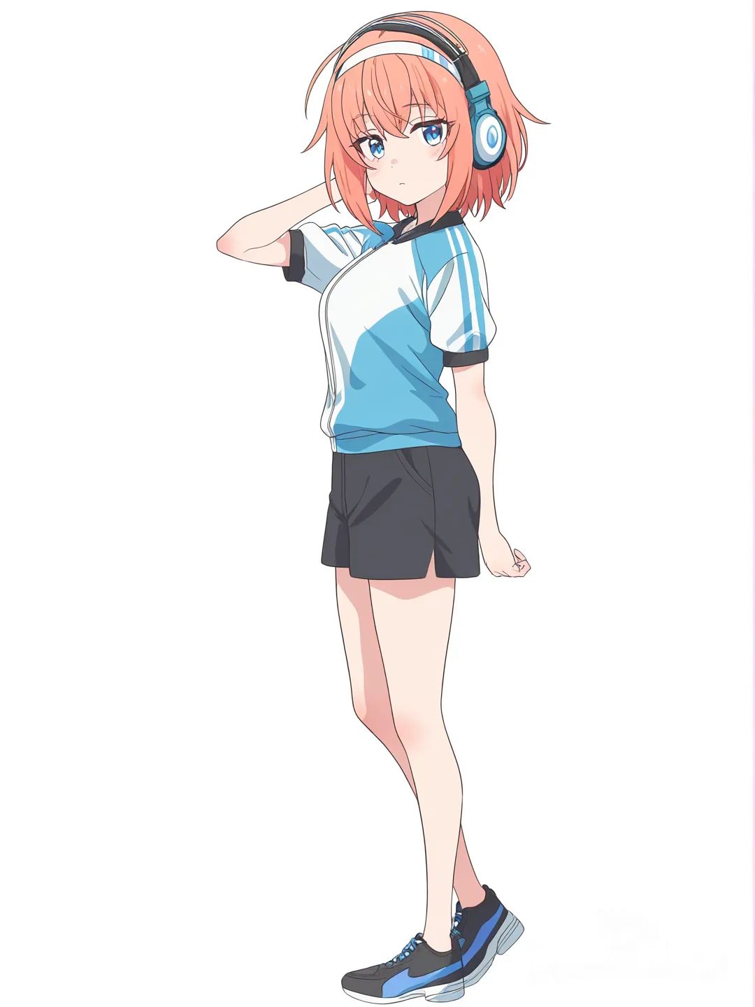 [bright-anime-style] solo, full_body, looking_at_viewer, headphones, headband, city_background, gym_background, anime_style, simple_background, white_background