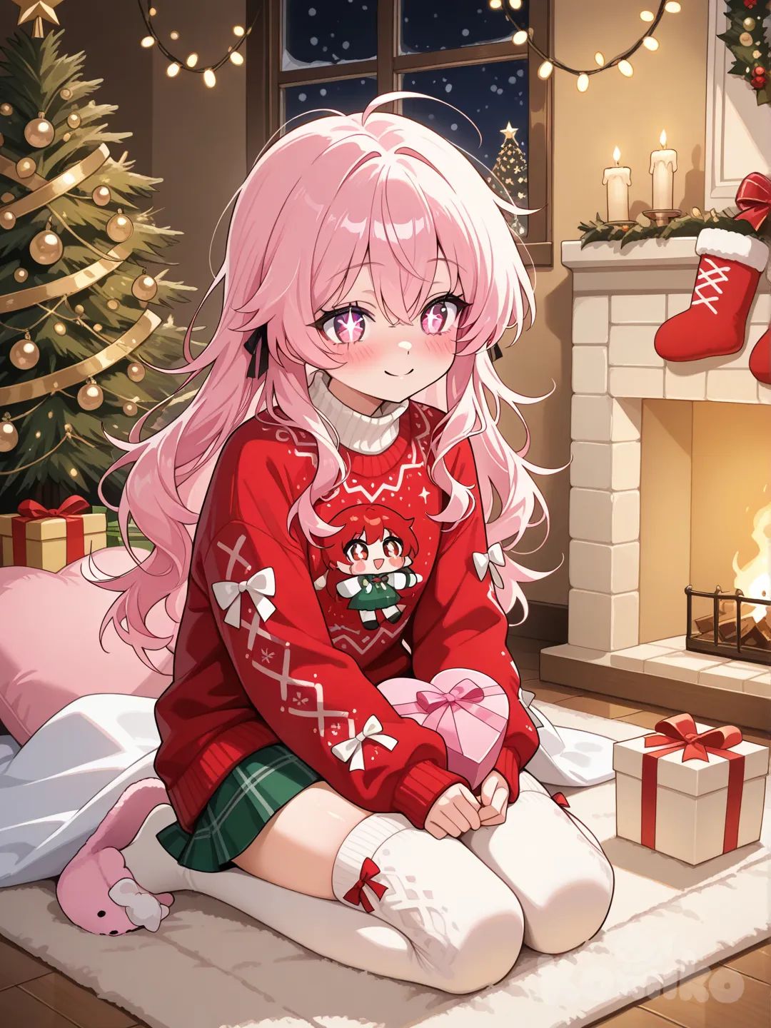 One cute anime girl sitting or kneeling on a soft rug


Warm smile, rosy cheeks


Big shiny eyes looking at the present in her hands


Pose


She is holding a Christmas present on her lap


Slightly leaning forward for a soft, gentle look


Clothes (Cute & Cozy)


Oversized Christmas hoodie or sweater (red, cream, or green)


Short skirt or comfy shorts


Warm knee-high socks


Fluffy slippers


Hair slightly messy for a cozy vibe


Room Decorations


A Christmas tree next to her, glowing with fairy lights


Wrapped gifts around the tree


Candles or lanterns on the floor


Stockings hanging on the wall or fireplace


Fairy lights across the wall or window


Present


Wrapped in pastel paper (pink, mint, or gold)


Big bow on top


Cute gift tag with a star or heart


Background


Warm indoor lighting


Window showing snow falling outside


Soft blankets and pillows around


Mood / Style


Super cozy


Warm and peaceful


Soft lighting


Cute anime style with gentle shading