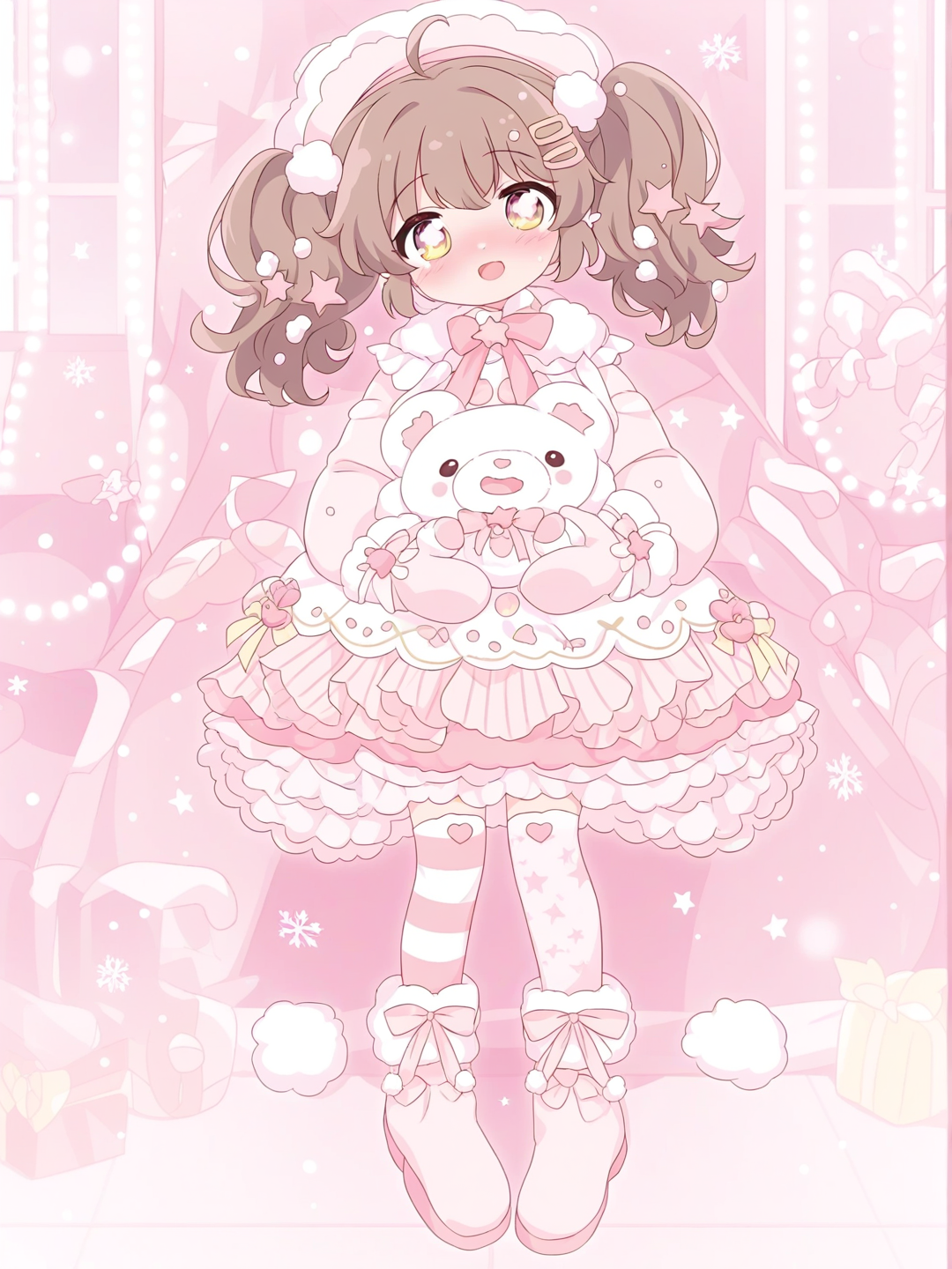 [bright-anime-style] 1girl, solo, heart-shaped_pupils, large_eyes, sparkling_eyes, blush, nose_blush, open_mouth, smile, head_tilt, twintails, short_hair, brown_hair, hairclip, snowflake_hair_ornament, star_hair_ornament, bow_hair_ornament, frills, dress, puffy_sleeves, fur_trim, ribbon, pom_pom, gloves, mittens, thighhighs, striped_thighhighs, heart_thighhighs, boots, bow_footwear, holding, gift, box, ribbon, hearts, stars, sparkles, snowflakes, floating, candy_cane, star, glowing, christmas_tree, heart_ornament, indoors, fairy_lights, window, snow, bokeh, kawaii, cute, pastel_colors, soft_shading, glowing, plush, soft_lighting, single_character, full_body, looking_at_viewer, anime_style, simple_background, white_background