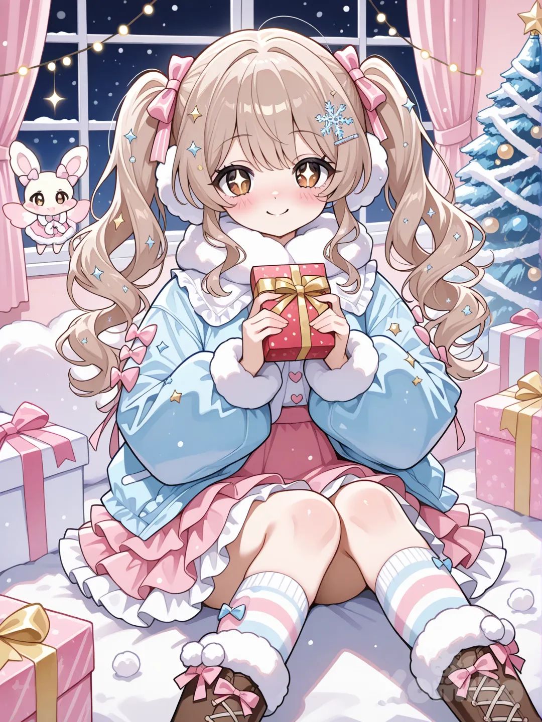 Character Vibe
One anime girl with big sparkling eyes (soft brown, honey, or pastel blue)
Warm blush on her cheeks
Happy, gentle smile like she’s excited for Christmas morning 🎁
💇‍♀️ Hair & Accessories
Hair: long soft waves or twin braids
Hair colour: light brown, chestnut, or soft blonde
Accessories:
Tiny star or snowflake clips
Small bow in pastel pink or red
Fluffy earmuffs instead of a hat ❄️🎀
🧥 Outfit (Soft & Cozy – Not Black)
Top / Jacket:
A cream or pastel blue jacket
Puffy and warm, slightly oversized
White fluffy trim around:
Collar
Sleeves
Bottom edge
Cute details:
Little heart buttons
Tiny pom-poms
Skirt:
A layered skirt in:
Soft red, pastel pink, or light green
Bottom edge:
White frilly lace
Fluffy trim
Small bow details on the side 🎀
🎁 Present
She’s holding one small Christmas present
Wrapped in pastel paper with stars or hearts
Big shiny ribbon bow
Held gently with both hands 🥹💝
🧦 Socks & Shoes
Fluffy knee-high socks:
Cream or pastel striped
Cute winter boots:
Soft brown or white
Fur trim and tiny bows
🎄 Background & Decorations
Warm indoor Christmas room
Glowing fairy lights ✨
Decorated Christmas tree behind her
Presents on the floor
Snow falling softly outside the window ❄️
🎨 Art Style
Very kawaii anime style
Pastel colours
Soft lighting
Dreamy, warm Christmas vibe 🎄✨