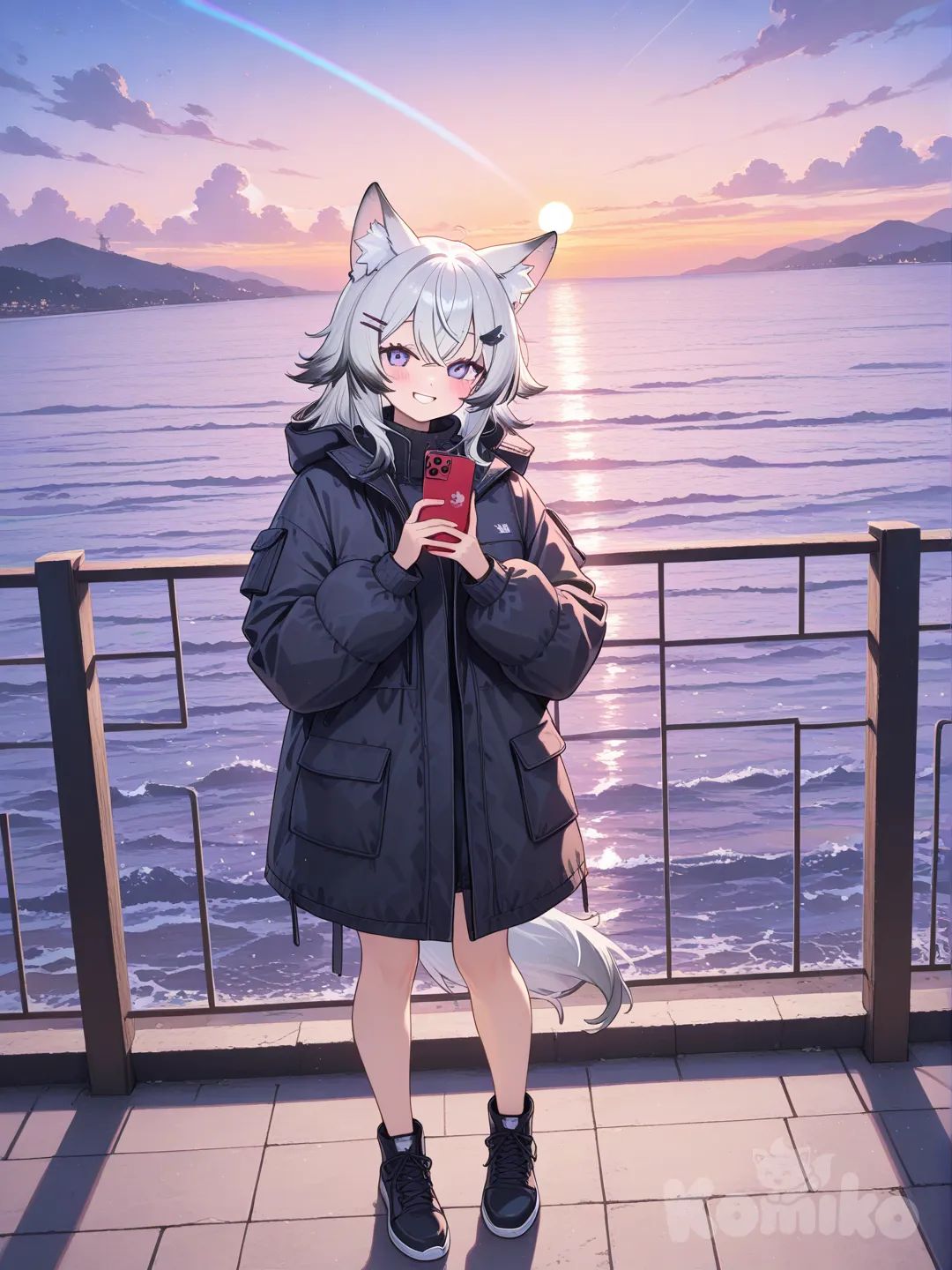 1girl, selfie, blush, smile, down jacket, lace, hairpin, wolf ears, spiky hair, rainbow, full body, day, lake, ocean, cafe