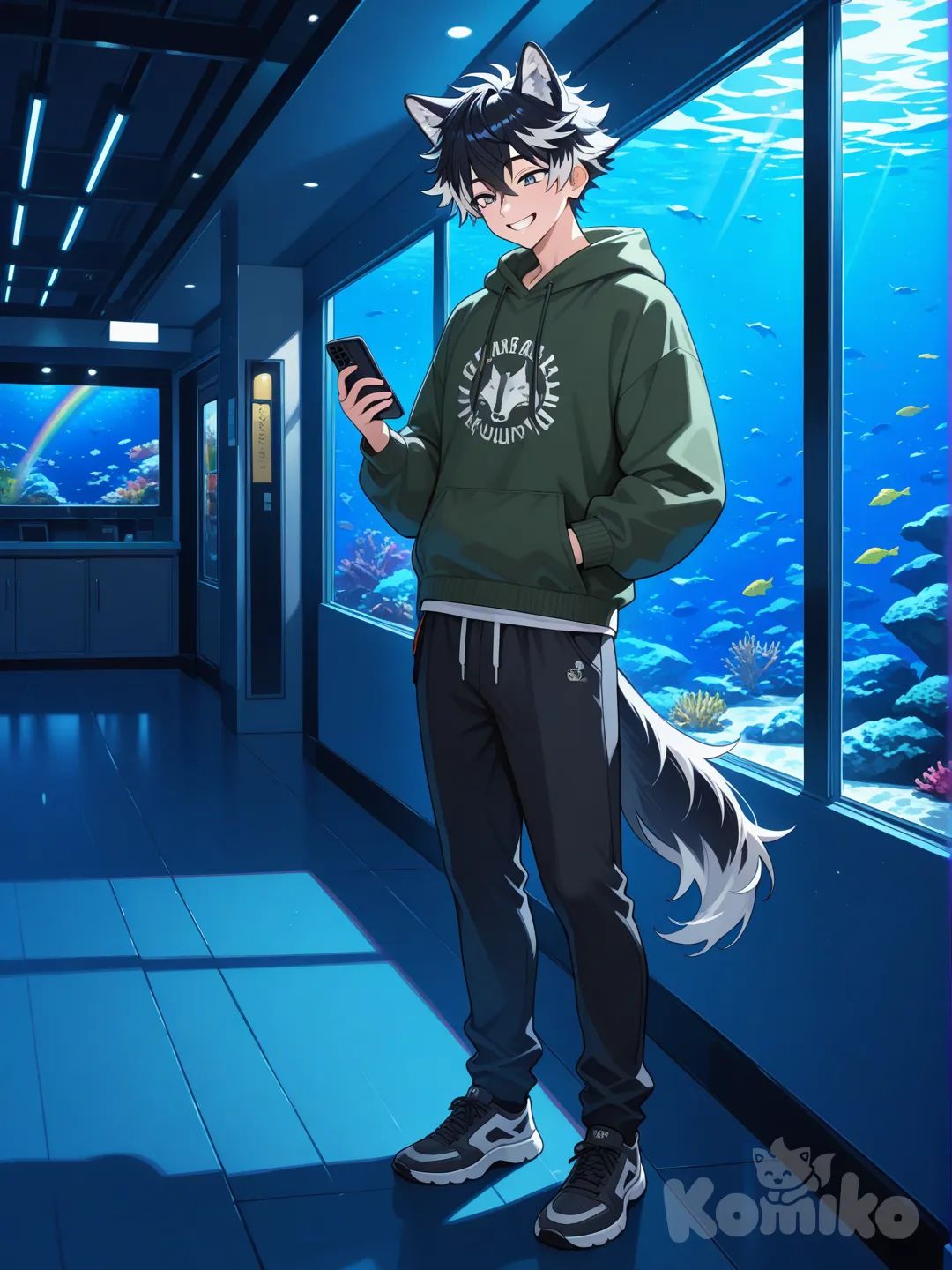 1boy, looking at phone, hands in pockets, smile, laughing, hoodie, casual pants, sherpa, wolf ears, spiky hair, rainbow, full body, day, aquarium