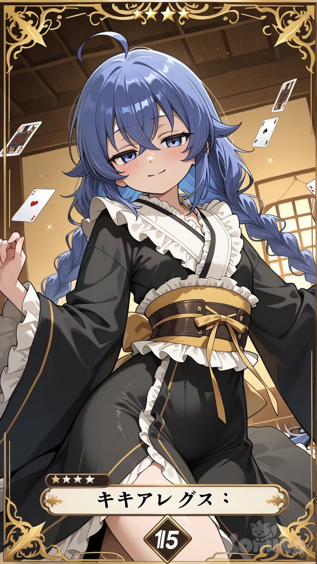 trading card, roxy migurdia, dancing, frilled kimono, looking at viewer, seductive smile, playing card