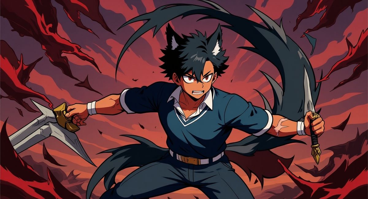 Design a breathtaking and visually stunning scene for the SoraAnimeChallenge that fully embodies the spirit of anime characters in exhilarating action sequences. Elevate the energy of images (3), (2), and (1) with KomikoAI, vividly animating these vibrant moments as Rikou embarks on an epic quest. Envision powerful demon swords and demonic influences as Rikou strives to claim the title of the strongest demon werewolf hybrid King, creating an incredibly immersive experience.