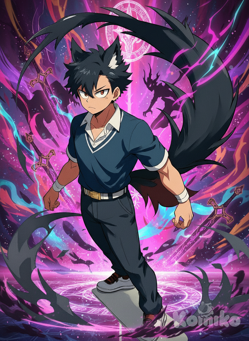 Design a breathtaking and visually stunning scene for the SoraAnimeChallenge that fully captures the spirit of anime characters in exhilarating action sequences. Rikou, elevate the energy of the generated images (3), (2), and (1), bringing these vibrant moments to life with KomikoAI for an incredibly immersive experience. Imagine powerful demon swords and demonic influences as Rikou embarks on an epic quest to claim the title of the strongest demon werewolf hybrid King.