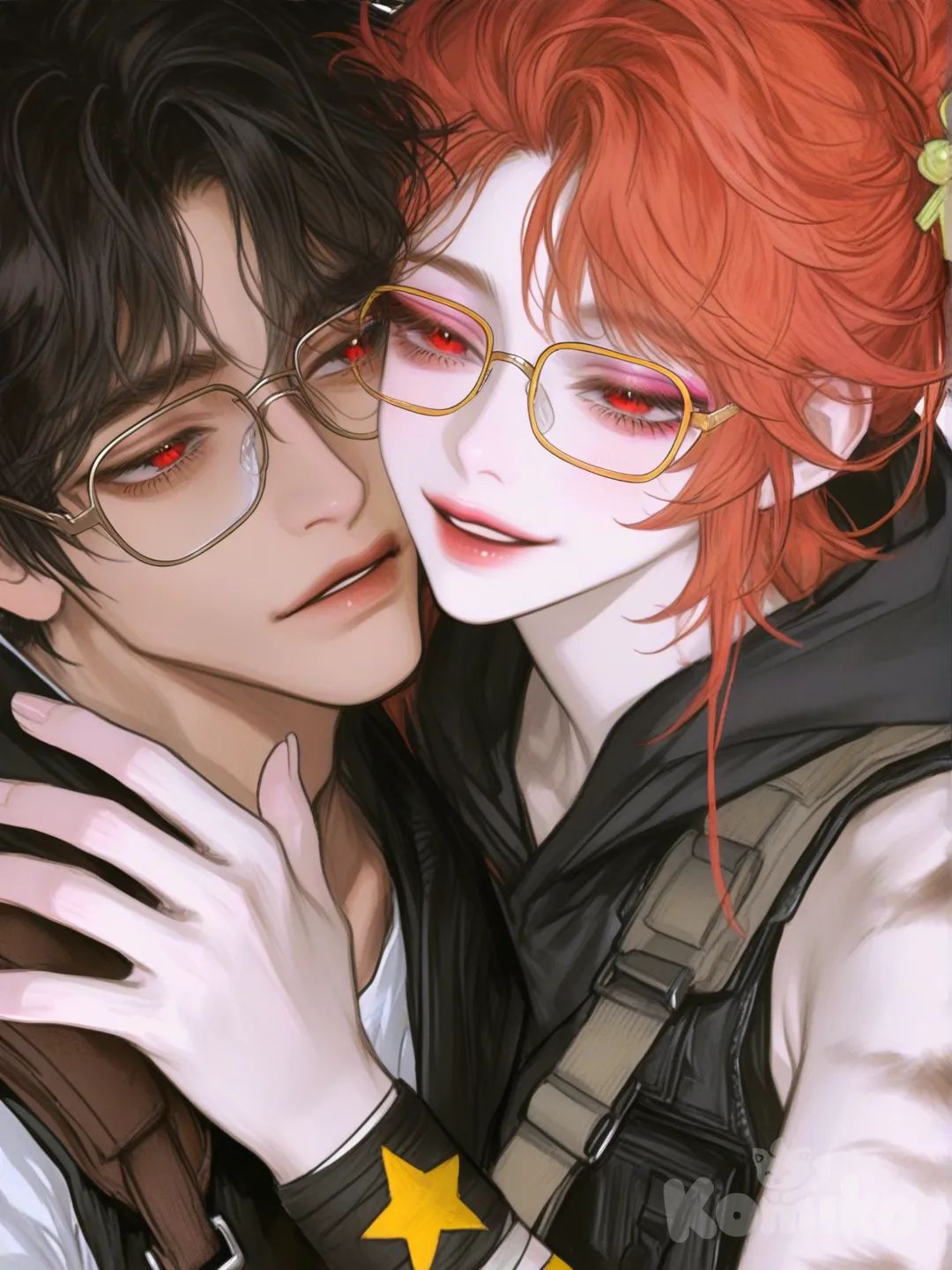 kissing , . 1 people : This character has bright orange, fluffy hair with a playful, uneven shape, and a yellow star-shaped accessory on the left side. Their eyes look half-closed, with pinkish shadows underneath, giving them a sleepy or relaxed expression. They wear thin, rectangular glasses and have a friendly, open-mouthed smile. Across their shoulder is a brown strap, suggesting they might be carrying something like a bag or equipment. The overall art style is colorful and expressive, with a cheerful and quirky vibe. 2 people : In human form, he would be a tall, lean young man with very pale, almost porcelain skin, so light it seems to barely reflect light. This makes his bright red hair stand out even more — thick, slightly messy, and glowing with a fiery, vibrant shade, as if charged with energy.

His eyes would shine with a deep ruby-red glow that intensifies whenever he uses his powers.

Even in a calm state, his right arm looks unusual — slightly darker with faint streaks of black energy running under the skin. When he activates his ability, the arm transforms into a massive black energy blade with jagged, flame-like edges, looking both dangerous and impressive.

His outfit would be dark, simple, and combat-ready: a black sleeveless hoodie or vest, dark pants, and wrist wraps or bands that only partly restrain his power., kissing, [semi-realistic-portrait-style]