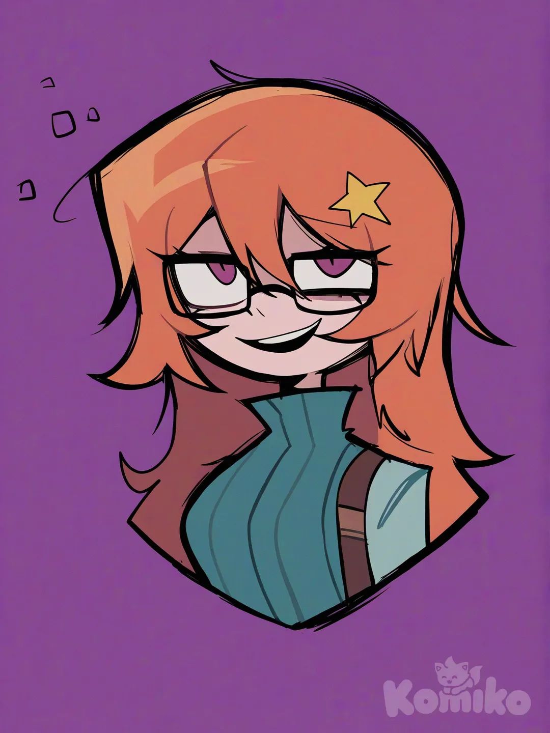 [pop-sketch-style], smirk and depressed This character has bright orange, fluffy hair with a playful, uneven shape, and a yellow star-shaped accessory on the left side. Their eyes look half-closed, with pinkish shadows underneath, giving them a sleepy or relaxed expression. They wear thin, rectangular glasses and have a friendly, open-mouthed smile. Across their shoulder is a brown strap, suggesting they might be carrying something like a bag or equipment. The overall art style is colorful and expressive, with a cheerful and quirky vibe