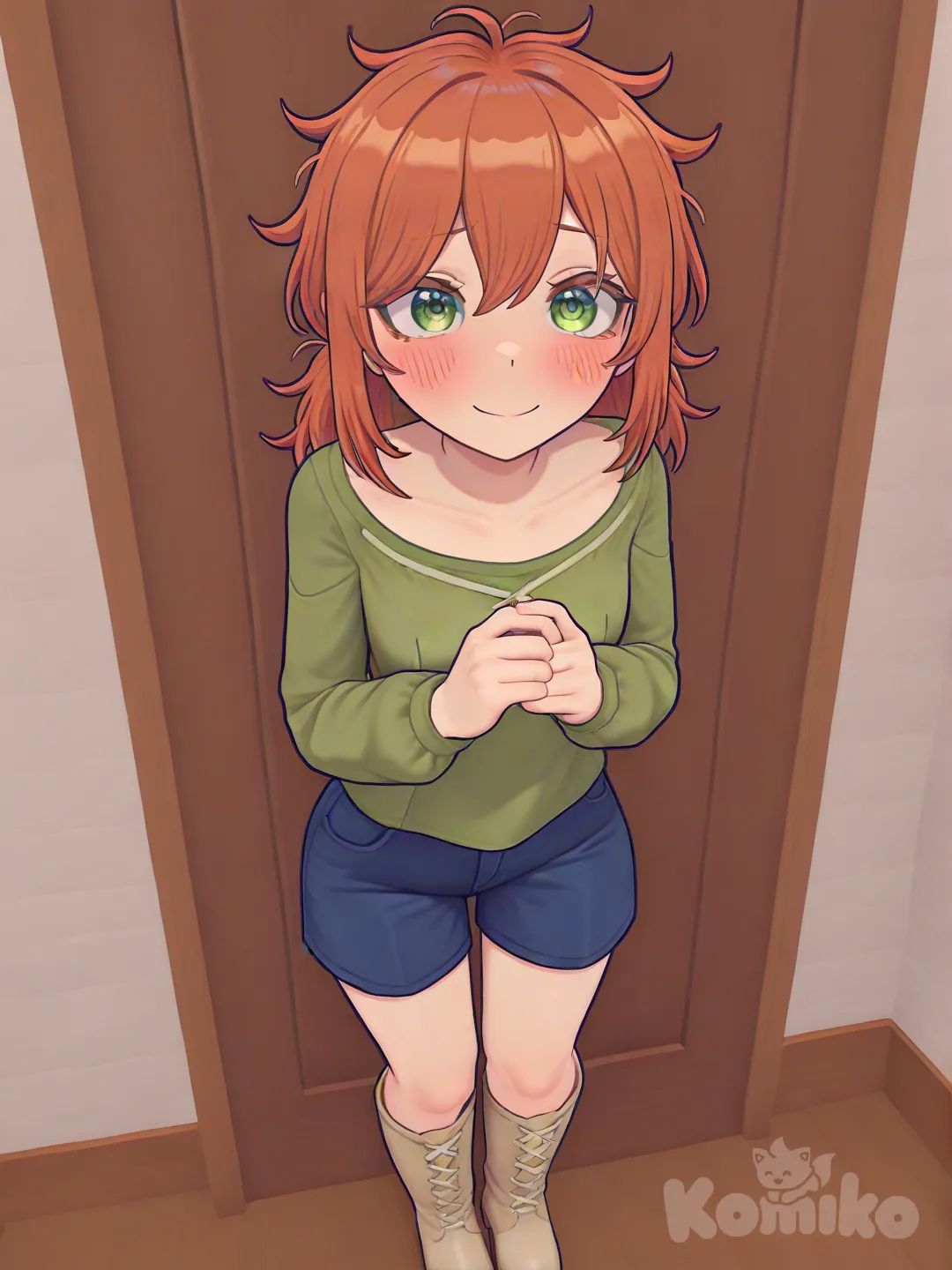 [3d-anime-game-style] Hair: Bright orange, medium-length, messy, with a small strand sticking up from the top, giving the character a playful look.

Eyes: Large, vivid green eyes with a soft expression. The cheeks are slightly blushed, adding a shy or gentle vibe.

Facial expression: A small, calm smile — the character looks friendly and a bit shy.

Clothing:

Top: A loose dark-green T-shirt.

Bottom: Dark-blue shorts.

Shoes: Light-colored, tall lace-up boots, which add some contrast to the simple outfit.

Pose & Mood:

The character is standing with hands held together in front, slightly nervous or bashful.

Overall, the design feels soft, friendly, and approachable.