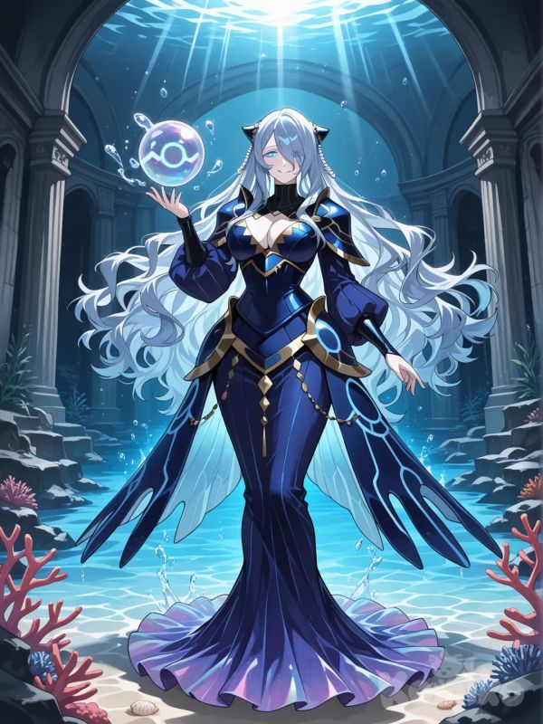 **Character Design Sheet, full-body. Subject:** A majestic, serene, and imposing woman who is the anthropomorphic incarnation of the Legendary Pokemon Kyogre. **Base Inspiration:** Camilla's (Fire Emblem) regal, mature, and elegantly formidable demeanor and silhouette.

**Physical Traits:**
- **Face & Expression:** Beautiful, mature features with an aura of ancient calm. Eyes are a deep, luminous sapphire blue with no visible pupils, like looking into a sunlit ocean trench—they hold profound peace, deep sorrow, and immense, quiet power. Her expression is a neutral, regal mask, with just a hint of distant, melancholic wisdom at the corners of her mouth and eyes. She is the eye of the hurricane.
- **Hair:** A lavish, flowing cascade of silvery-blue and deep navy hair, so long it pools around her feet like water. It's styled in elegant, soft waves, with two intricate braids reminiscent of Kyogre's head tendrils framing her face. The hair has a wet, glossy sheen, with tiny, sparkling bubbles and pearl-like beads woven in.
- **Body:** Tall, statuesque, and curvaceous figure, conveying fluid grace and dense, powerful mass (like the deep sea itself). Her skin is a pale, opalescent blue-white, with shimmering, mother-of-pearl scale patterns on her shoulders, hips, and along her spine. Gills are subtly etched on the sides of her neck.
- **Attire (Regal Garb):** She wears a magnificent, layered gown inspired by deep-sea creatures and royal armor. The fabric is iridescent, shifting between navy blue and violet, resembling a whale's skin or a manta ray's wing. It has a high collar, long sleeves, and a flowing, open skirt that mimics Kyogre's fins. Metallic, sapphire-blue armor plates (like Kyogre's markings) adorn her shoulders, chest, and hips, forming a bold **α (Alpha)** symbol on her torso. Ornaments are made of pearl, abalone shell, and blue coral.
- **Key Details:** From her back emerge two large, elegant, and powerful **pectoral fins** that look like a cloak or wings. Her forearms and calves are adorned with fin-like membranes. Her presence is surrounded by a faint, shimmering aura of water droplets and mist.

**Pose & Atmosphere:** She floats serenely, almost hovering, in the heart of a sunlit oceanic abyss. Beams of light cut through the deep blue water around her, illuminating drifting plankton. Ancient, coral-covered ruins are visible in the gloom below. One of her hands is extended gently, palm up, cradling a swirling sphere of perfectly calm water. The vibe is **tranquility that masks apocalyptic power, deep, cold, and eternally vast**.

**Art Style:** Elegant anime character design, incredibly focus on fluid lines, iridescent textures, and volumetric lighting. Ethereal, majestic, and subtly terrifying. --ar 2:3 --style raw