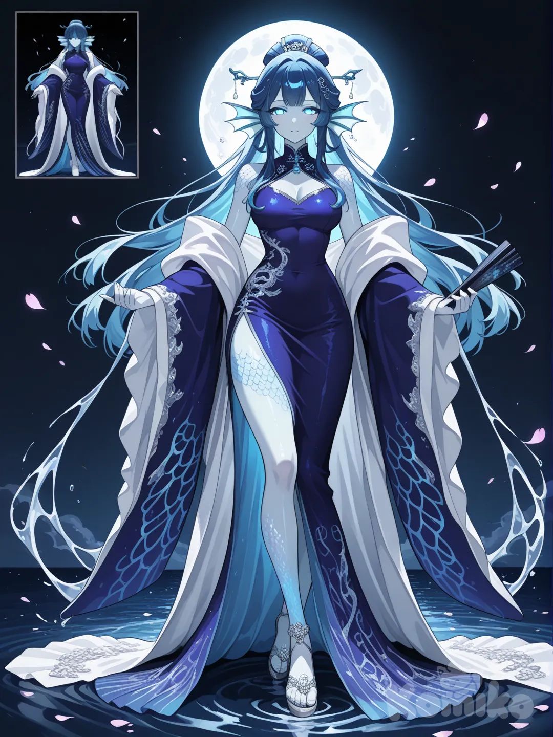 **Character Design Sheet, full-body. Subject:** A majestic, serene, and imposing woman who is the anthropomorphic incarnation of the Legendary Pokemon Kyogre. **Base Inspiration:** Camilla's (Fire Emblem) regal demeanor, fused with the elegance of a traditional Chinese Cheongsam/Qipao dress.

**Physical Traits:**
- **Face & Expression:** Beautiful, mature features with an aura of ancient calm. Eyes are a deep, luminous sapphire blue with no visible pupils, like the heart of a glacier—holding profound peace and immense, quiet authority. Her expression is a neutral, regal mask, with a hint of distant, melancholic wisdom. She is the calm before the tsunami.
- **Hair:** A lavish, flowing cascade of silvery-blue and deep navy hair, styled in an elaborate updo held by hairpins made of blue jade and pearls, with delicate tendrils framing her face like Kyogre's head fins. The hair has a wet, glossy sheen.
- **Body:** Tall, statuesque, and elegantly curvaceous figure, conveying fluid grace and dense presence. Her skin is a pale, opalescent blue-white, with subtle, shimmering mother-of-pearl scale patterns on her shoulders and décolletage.
- **Attire (Cheongsam Fusion):** She wears a stunning, high-collared **Cheongsam (Qipao) dress** made of iridescent, liquid-like silk that shifts from deep navy to violet, embroidered with silver and white wave patterns, koi fish, and Kyogre's **α (Alpha) symbol** over the chest. The dress is form-fitting, with a high slit on one side, revealing a leg adorned with subtle scale patterns. Over this, she wears a sheer, flowing **overcoat/robe** of azure gauze that mimics the flow of water and Kyogre's pectoral fins. Her footwear are **elegant high-heeled sandals** with straps resembling kelp and pearls.
- **Key Details:** From her back emerge two large, elegant, and translucent **pectoral fins** that look like a part of her robe. She holds a delicate folding fan made of abalone shell. Her presence is surrounded by a faint aura of mist and floating water droplets.

**Pose & Atmosphere:** She stands poised on the surface of a perfectly still, moonlit ocean, as if walking on water. The reflection below shows the abyssal depths. Cherry blossom petals float on the water around her, contrasting with the marine theme. One hand holds the fan gracefully, the other rests at her side. The vibe is **tranquil, imperial, deeply mysterious, and effortlessly powerful**.

**Art Style:** Elegant anime character design, incredibly focus on luxurious fabrics, iridescence, and serene, majestic beauty. Ethereal and sophisticated. --ar 2:3 --style raw