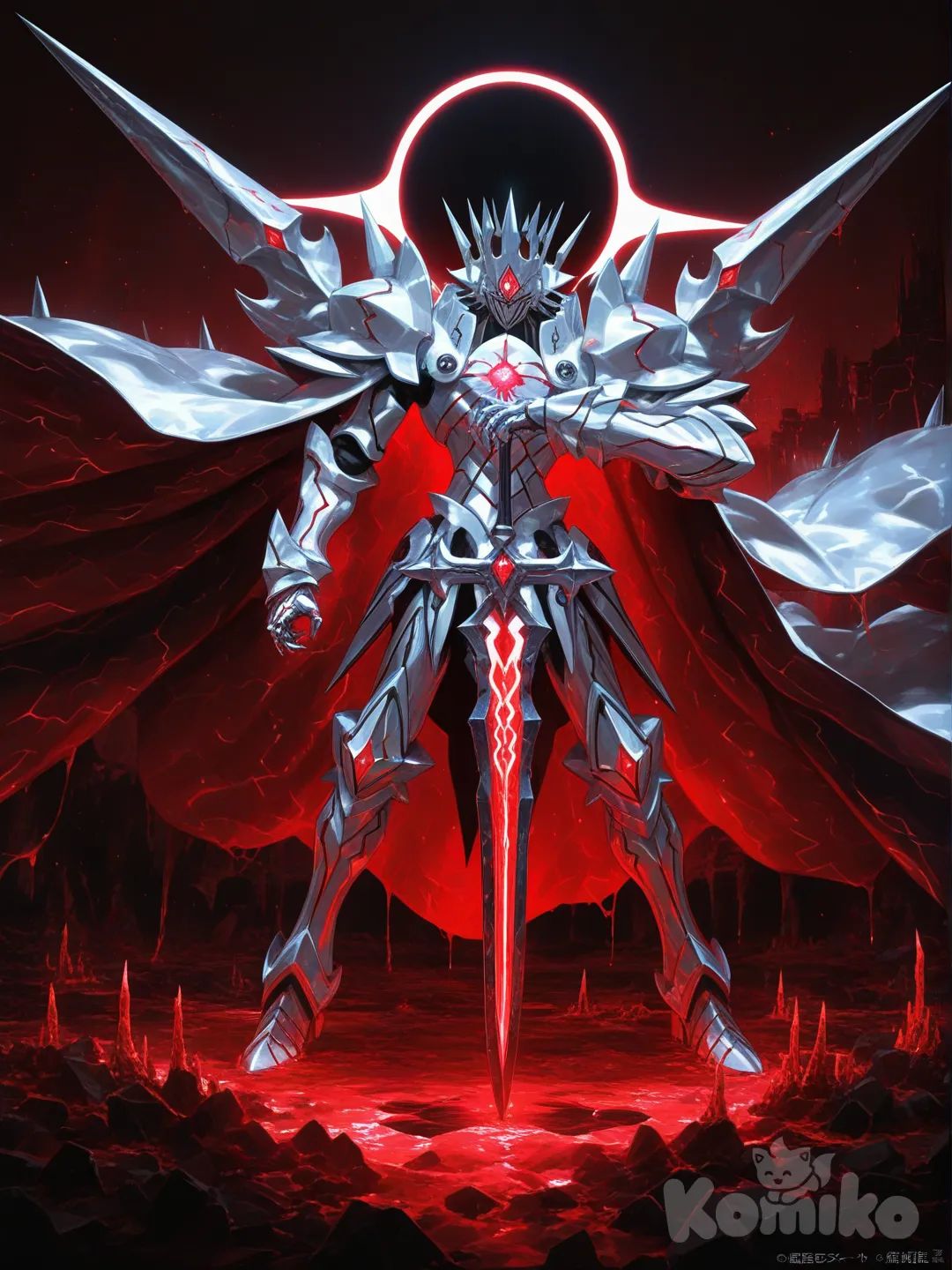 @Gilgamesh_(Fate)HYPER-Anime Key Visual, 8K. The "Eclipse Slime King", a majestic living armor entity. CORE CONCEPT: Liquid obsidian & molten chrome slime forms its flesh/metal, with intricate glowing crimson biomechanical circuits within. Over this, MASSIVE, ornate plates of PURE WHITE, fractured crystal armor (inspired by zangetsu by code geas) cover the body. Each crystal plate is heavily with sharp facets, glowing runic engravings, and wing-like spikes. Color scheme: Stark Black (slime), Pure White (crystal), Glowing Crimson (energy). It has a grandiose crystalline crown and a single crimson cyclopean eye. It holds a crystal greatsword and a miniature black hole. Pose: Regal, powerful, standing on a shattered celestial throne room. God-ray cinematic lighting illuminates the crystals. Cape of solidified shadows. Atmosphere: Epic, sorrowful, divine power. Ultra-intricate design, stylized Unreal Engine 5 render, ray tracing, by Akihiko Yoshida., [sensual-glossy-style]