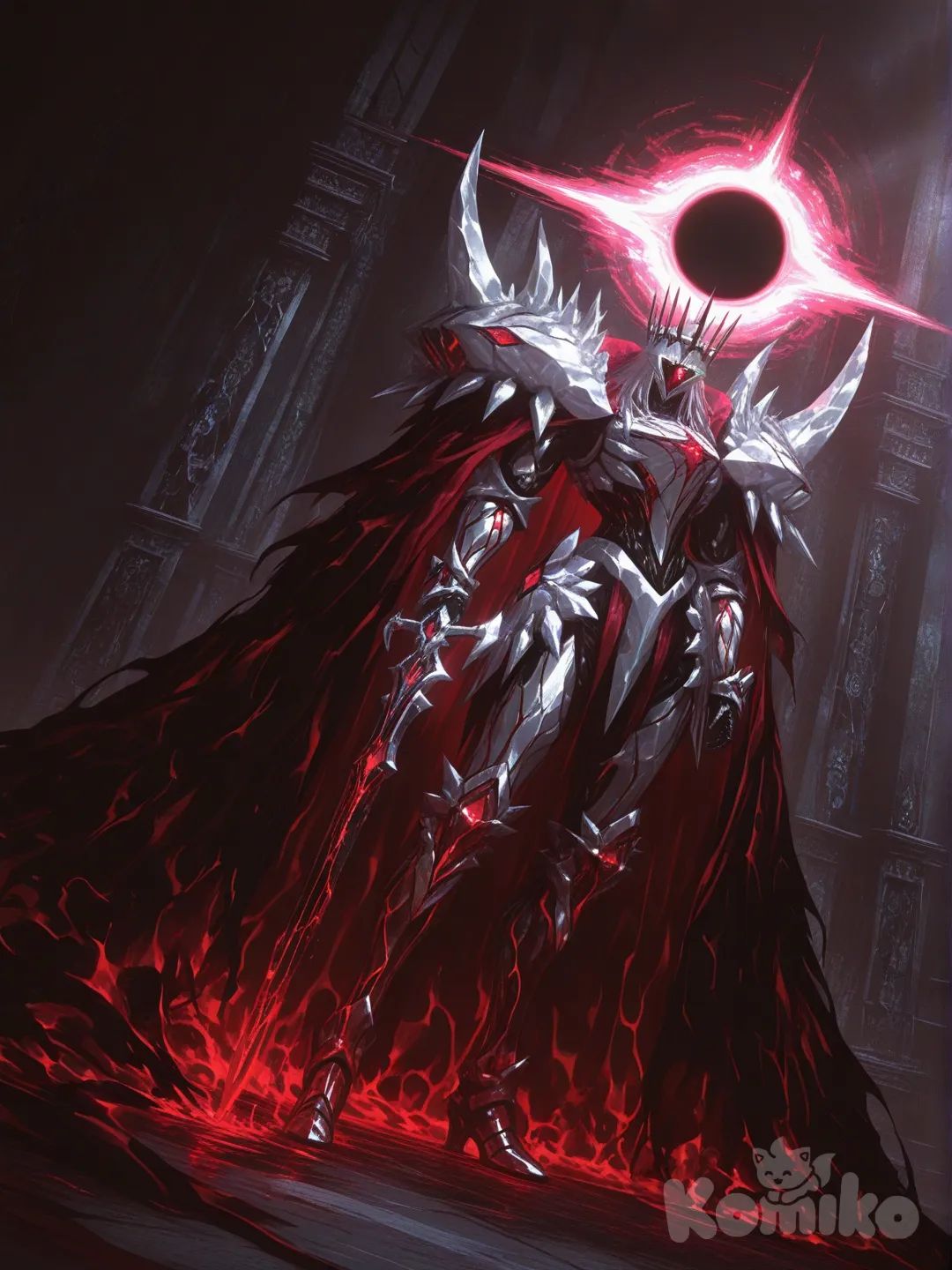 HYPER-Anime Key Visual, 8K. The "Eclipse Slime King", a majestic living armor entity. CORE CONCEPT: Liquid obsidian & molten chrome slime forms its flesh/metal, with intricate glowing crimson biomechanical circuits within. Over this, MASSIVE, ornate plates of PURE WHITE, fractured crystal armor (inspired by zangetsu by code geas) cover the body. Each crystal plate is heavily with sharp facets, glowing runic engravings, and wing-like spikes. Color scheme: Stark Black (slime), Pure White (crystal), Glowing Crimson (energy). It has a grandiose crystalline crown and a single crimson cyclopean eye. It holds a crystal greatsword and a miniature black hole. Pose: Regal, powerful, standing on a shattered celestial throne room. God-ray cinematic lighting illuminates the crystals. Cape of solidified shadows. Atmosphere: Epic, sorrowful, divine power. Ultra-intricate design, stylized Unreal Engine 5 render, ray tracing, by Akihiko Yoshida., [sensual-glossy-style], @Arthur_Pendragon_(Fate)