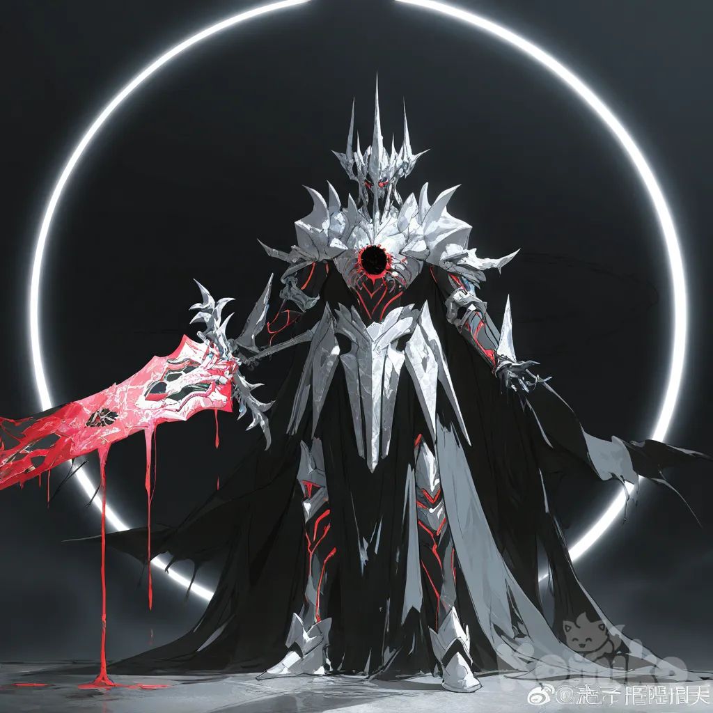@Gilgamesh_(Fate)HYPER-Anime Key Visual, 8K. The "Eclipse Slime King", a majestic living armor entity. CORE CONCEPT: Liquid obsidian & molten chrome slime forms its flesh/metal, with intricate glowing crimson biomechanical circuits within. Over this, MASSIVE, ornate plates of PURE WHITE, fractured crystal armor (inspired by zangetsu by code geas) cover the body. Each crystal plate is heavily with sharp facets, glowing runic engravings, and wing-like spikes. Color scheme: Stark Black (slime), Pure White (crystal), Glowing Crimson (energy). It has a grandiose crystalline crown and a single crimson cyclopean eye. It holds a crystal greatsword and a miniature black hole. Pose: Regal, powerful, standing on a shattered celestial throne room. God-ray cinematic lighting illuminates the crystals. Cape of solidified shadows. Atmosphere: Epic, sorrowful, divine power. Ultra-intricate design, stylized Unreal Engine 5 render, ray tracing, by Akihiko Yoshida., [desaturated-illustration-style]