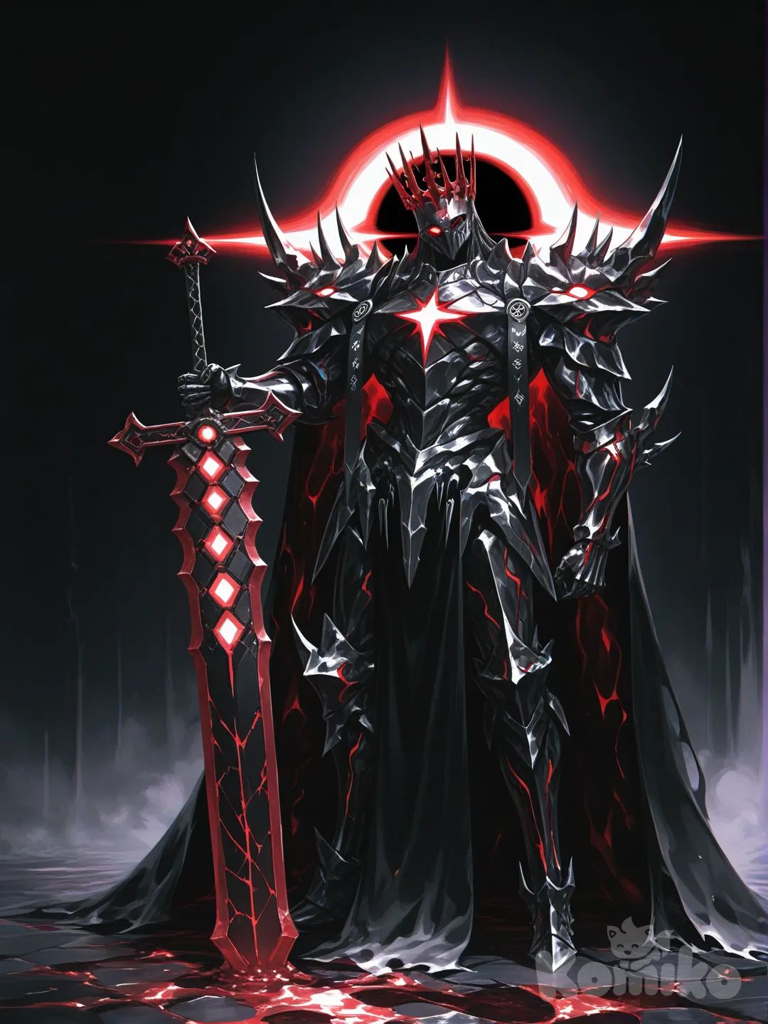 HYPER-Anime Key Visual, 8K. The "Eclipse Slime King", a majestic living armor entity. CORE CONCEPT: Obsidian & molten chrome slime forms its flesh/metal, with intricate glowing crimson biomechanical circuits within. Over this, MASSIVE, ornate plates of PURE WHITE, fractured crystal armor (inspired by zangetsu by code geas) cover the body. Each crystal plate is lighter with sharp facets, glowing runic engravings, and wing-like spikes. Color scheme: Stark Black (slime), Pure White (crystal), Glowing Crimson (energy). It has a grandiose crystalline crown and a single crimson cyclopean eye. It holds a crystal greatsword and a miniature black hole. Pose: Regal, powerful, standing on a shattered celestial throne room. God-ray cinematic lighting illuminates the crystals. Cape of solidified shadows. Atmosphere: Epic, sorrowful, divine power. Ultra-intricate design, stylized Unreal Engine 5 render, ray tracing, by MeMe 50, [sensual-glossy-style], @Hindenburg_(Azur_Lane)