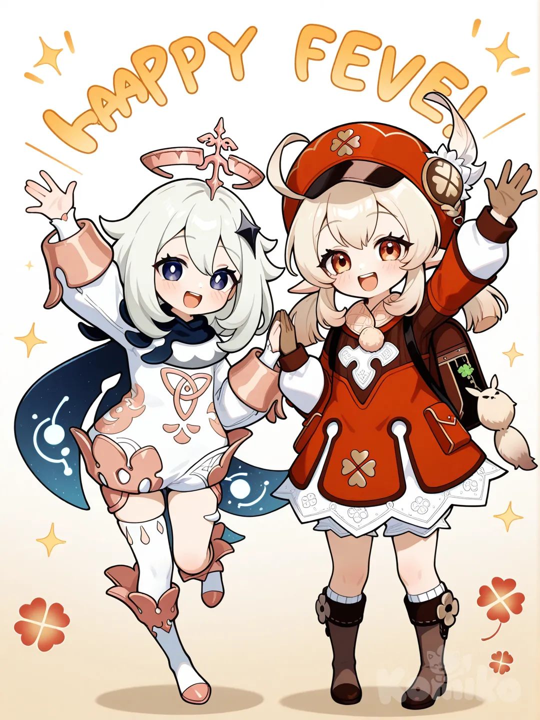 2girls, @Klee_(Genshin_Impact), @Paimon_(Genshin_Impact), high five, full body, looking at viewer