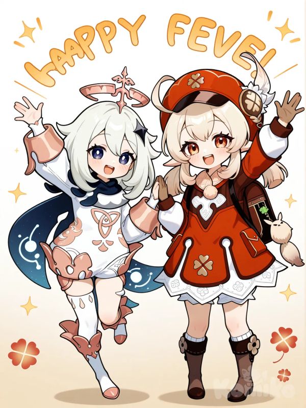 2girls, @Klee_(Genshin_Impact), @Paimon_(Genshin_Impact), high five, full body, looking at viewer