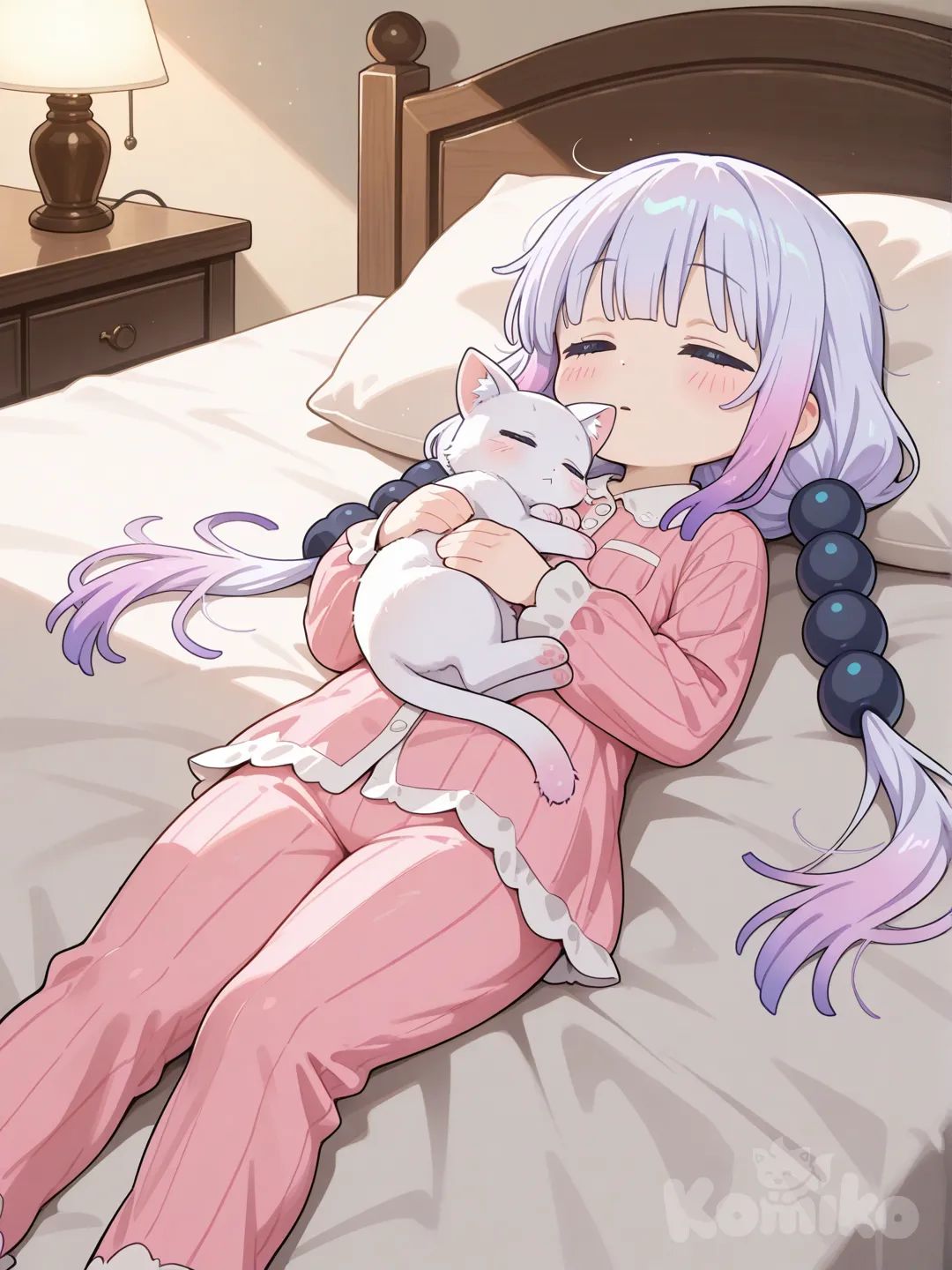 Kanna kamui durmiendo con gatito blanco
