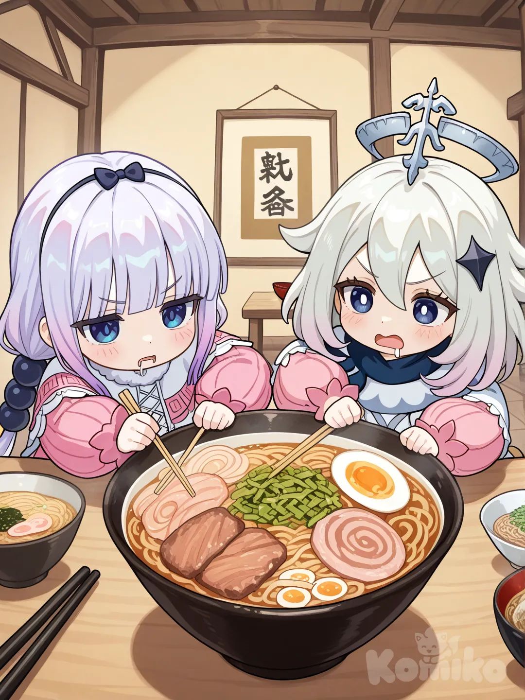 Paimon (genshin impact) y kanna kamui peleando por un tazon de ramen