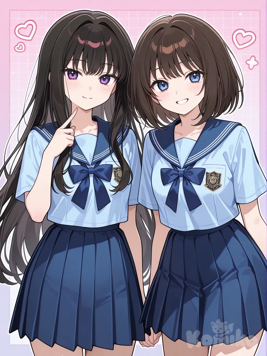 @Aoko Nakomori tiene el pelo castaño, a veces hasta la cadera y otras hasta casi los hombros, y ojos de color azul claro. Suele llevar un uniforme escolar azul con detalles rojos en el pecho. @Takina Inoue es una joven con cabello negro largo y ojos morados escenas de amigas