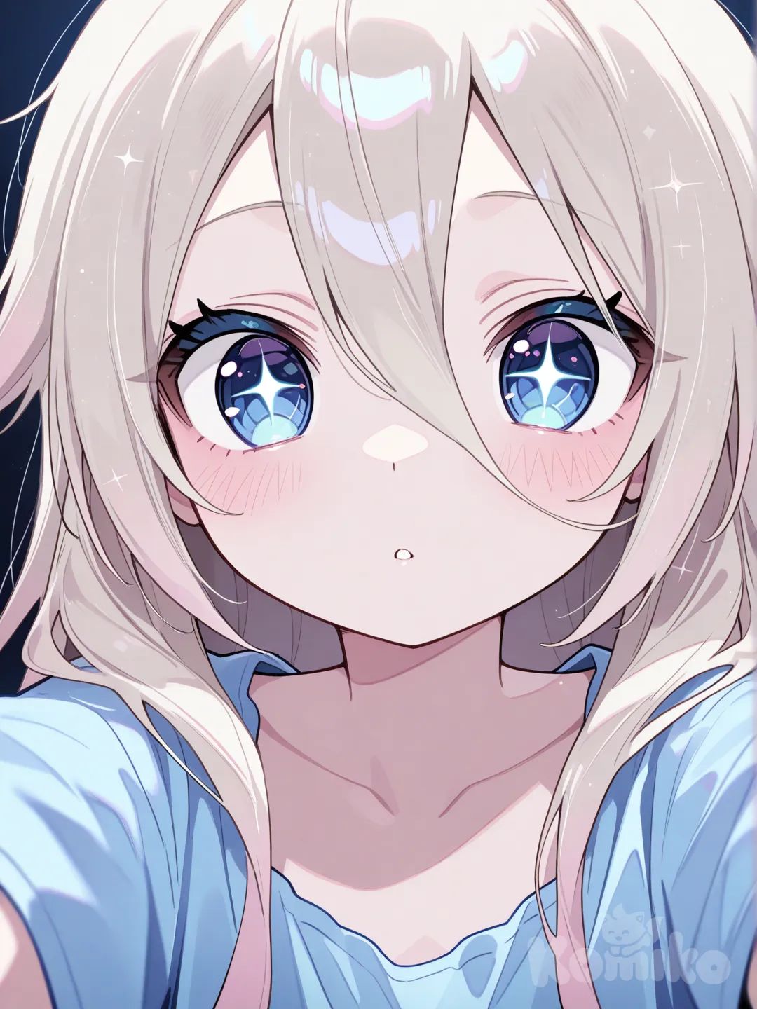 @Ia_(Vocaloid) de una niña pequeña de siete años con colorde cabello rubio platino y ojos de azul zafiro brillante