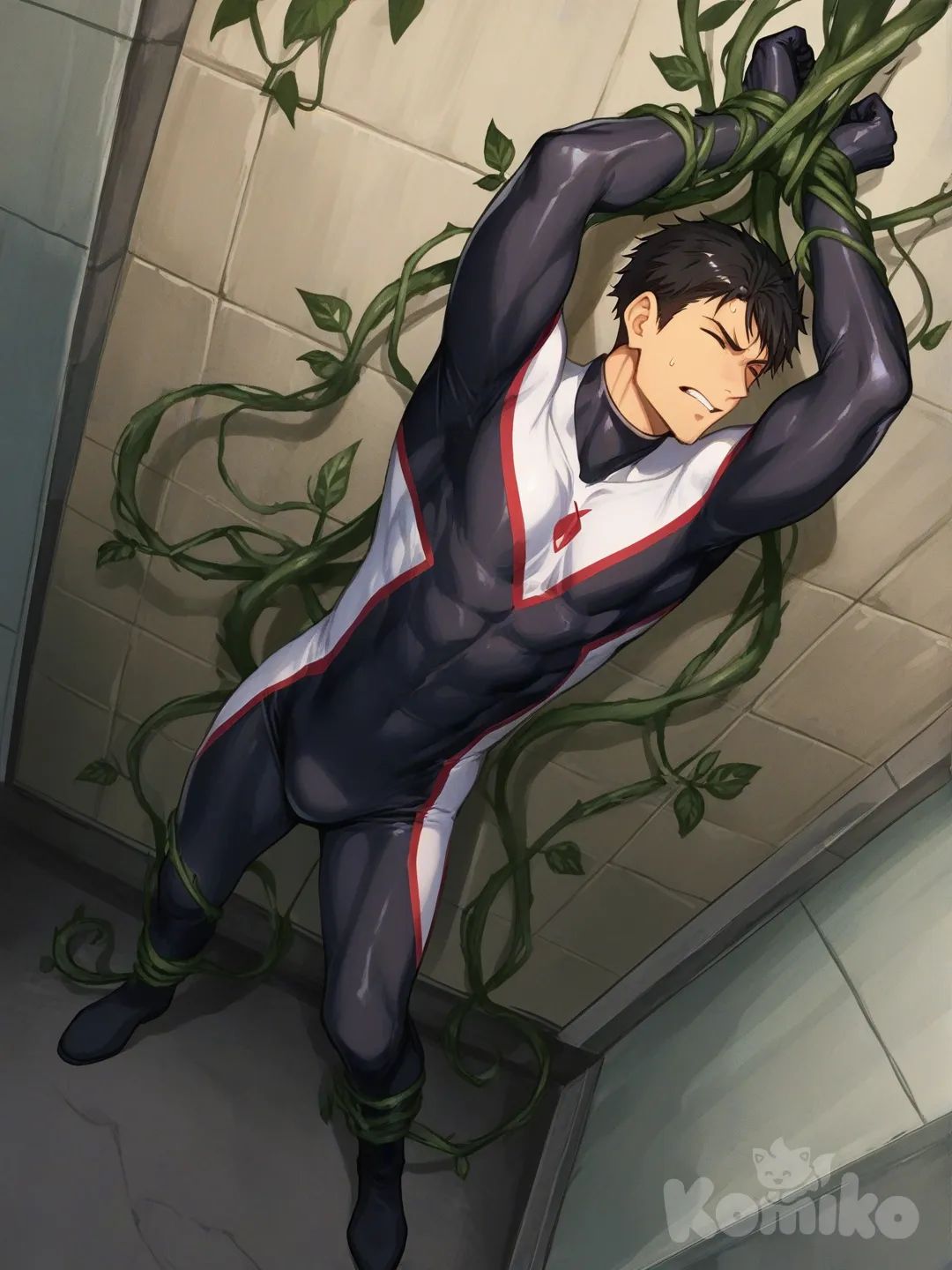 1boy, 1boy, 2people, fighting, superhero vs villain, superhero vs monster, human vs monster, confront, in city sewer

Characters :
First person : Yamazaki Sousuke, free! anime, has a short black hair, blue eyes, light skin, black gloves, he's wearing two tone black with white strap tight suit, superhero suit, adult, [serious-man-style], full body, sewer wall background, wet, superhero, captured, eye closed, tied up in standing spreadeagle, stand streched out in a x shape,

Second person : villain, gigantic plant monster, vines, tentacles, sewer monster, catch, dangerous