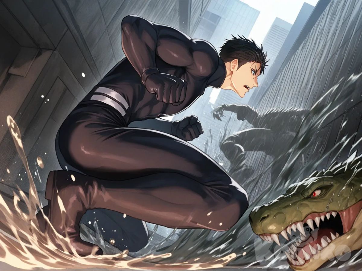 1boy, 1boy, 2people, fighting, superhero vs villain, superhero vs monster, human vs monster, confront, in city sewer

Characters :
First person : Yamazaki Sousuke, free! anime, has a short black hair, blue eyes, light skin, black gloves, he's wearing two tone black with white strap tight suit, superhero suit, adult, [serious-man-style], full body, sewer background, wet, superhero, clenched fist, stance, distance

Second person : villain, crocodile monster, massive size, sharp teeth, sharp claw, sewer monster, catch, dangerous, red eyes