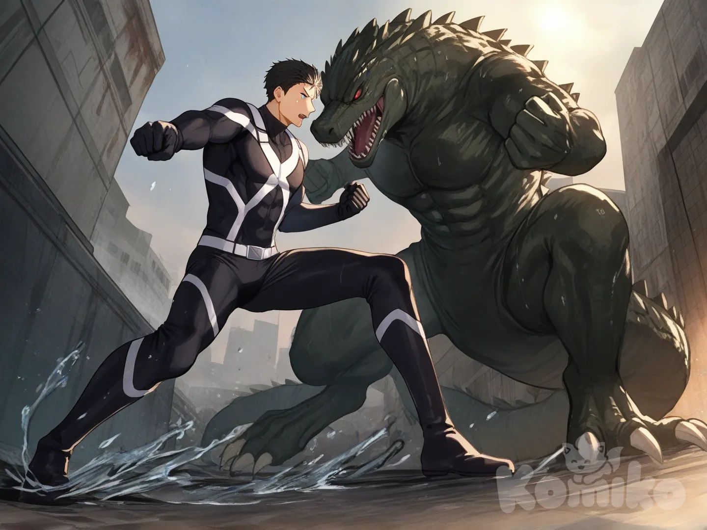 1boy, 1boy, 2people, fighting, superhero vs villain, superhero vs monster, human vs monster, confront, in city sewer

Characters :
First person : Yamazaki Sousuke, free! anime, has a short black hair, blue eyes, light skin, black gloves, he's wearing two tone black with white strap tight suit, superhero suit, adult, [serious-man-style], full body, sewer wall background, wet, superhero, clenched fist, stance, distance

Second person : villain, crocodile monster, massive size, sharp teeth, sharp claw, sewer monster, catch, dangerous, red eyes