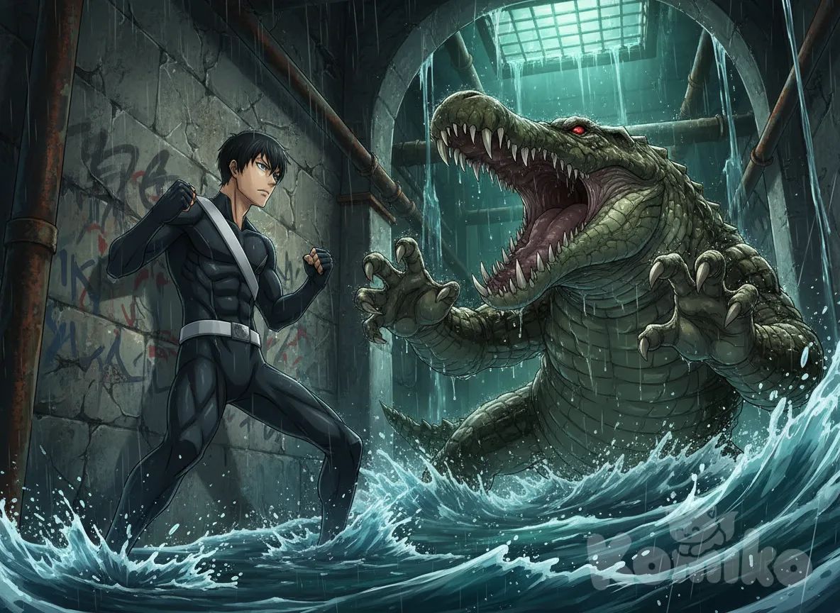 1boy, 1boy, 2people, fighting, superhero vs villain, superhero vs monster, human vs monster, confront, in city sewer, combat,

Characters :
First person : Yamazaki Sousuke, free! anime, has a short black hair, blue eyes, light skin, black gloves, he's wearing two tone black with white strap tight suit, superhero suit, adult, [serious-man-style], full body, sewer wall background, wet, superhero, clenched fist, fighting stance, distance, 

Second person : villain, crocodile monster, massive size, sharp teeth, sharp claw, sewer monster, catch, dangerous, red eyes, confront