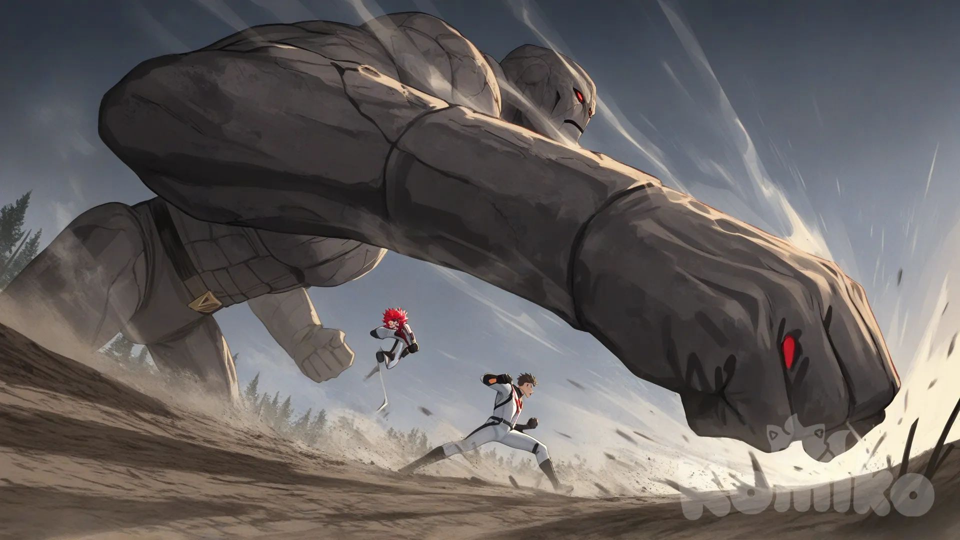 2people, superhero vs villain, superhero vs monster, rampage, taiga biome, ground, foggy, confront, from below, 

Characters:
First character: Superhero, Yuuto Nakajima, Jock Studio, giant body, spiky peach hair undercut, pink eyes, peach skin tone, black gloves, he's wearing three tone white with black and gold strap tight suit, superhero suit, [serious-man-style], full body, flying kick,

Second character: Villain, Golem monster, red eyes, stan on two legs, solid body, stone, covered dirt and moss, rampage