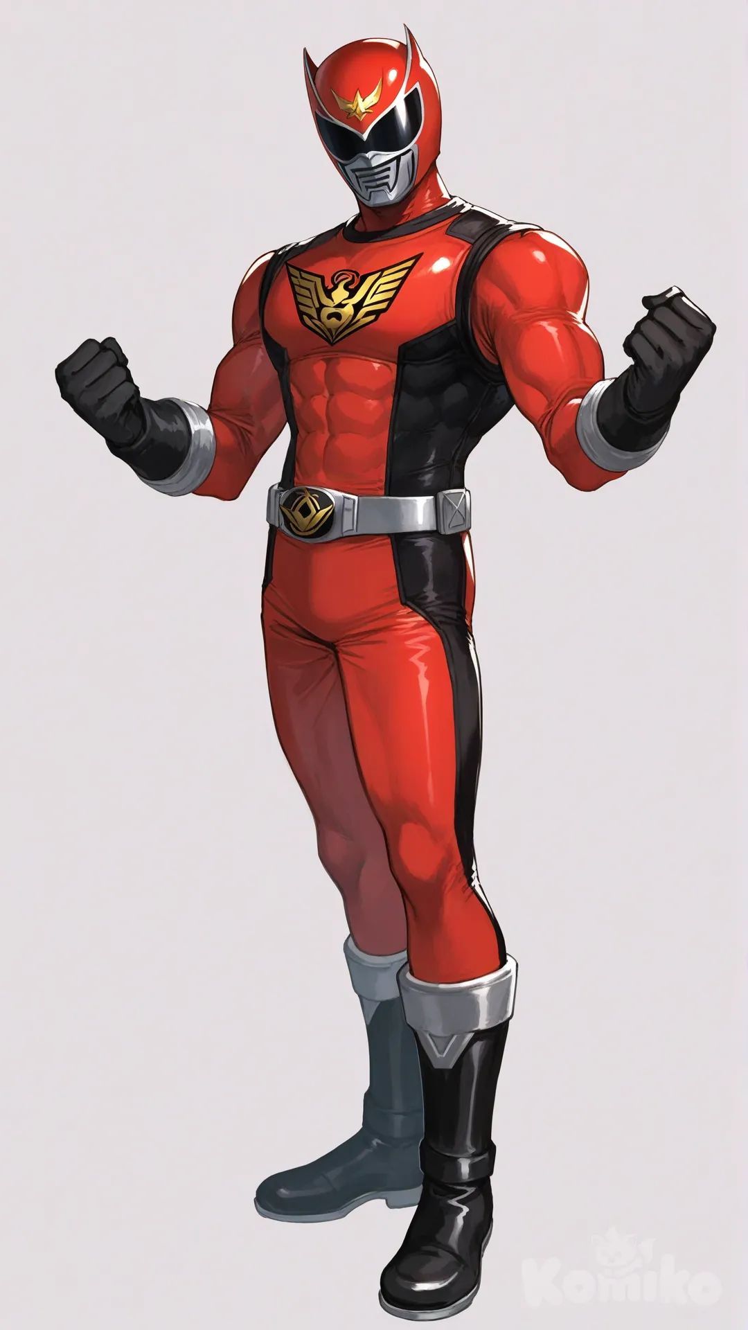 1boy, solo, white background, front profile photo, looking at viewer, 

Characters: First character: Superhero, Derek Kingsfield, Jock Studio, muscular body, super Sentai helmet, black gloves, he's wearing red super sentai costume, superhero suit, [serious-man-style], full body, standing, fighting stance