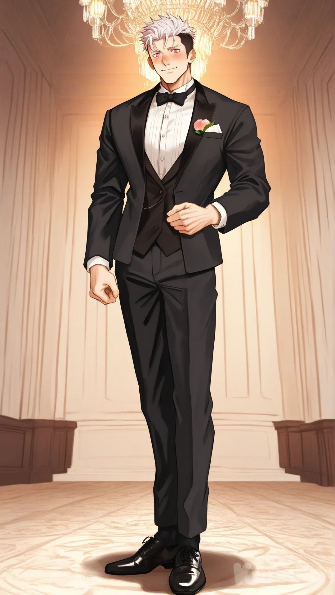 1boy, solo, hall dance background, looking at viewer,

Characters:
First character: Superhero, Yuuto Nakajima, Jock Studio, giant body, athletic body, spiky undercut peach hair color, pink eyes, peach skin tone, [serious-man-style], black OTC sock, full body, wears, tuxedo, looks fancy, thin smile, blush