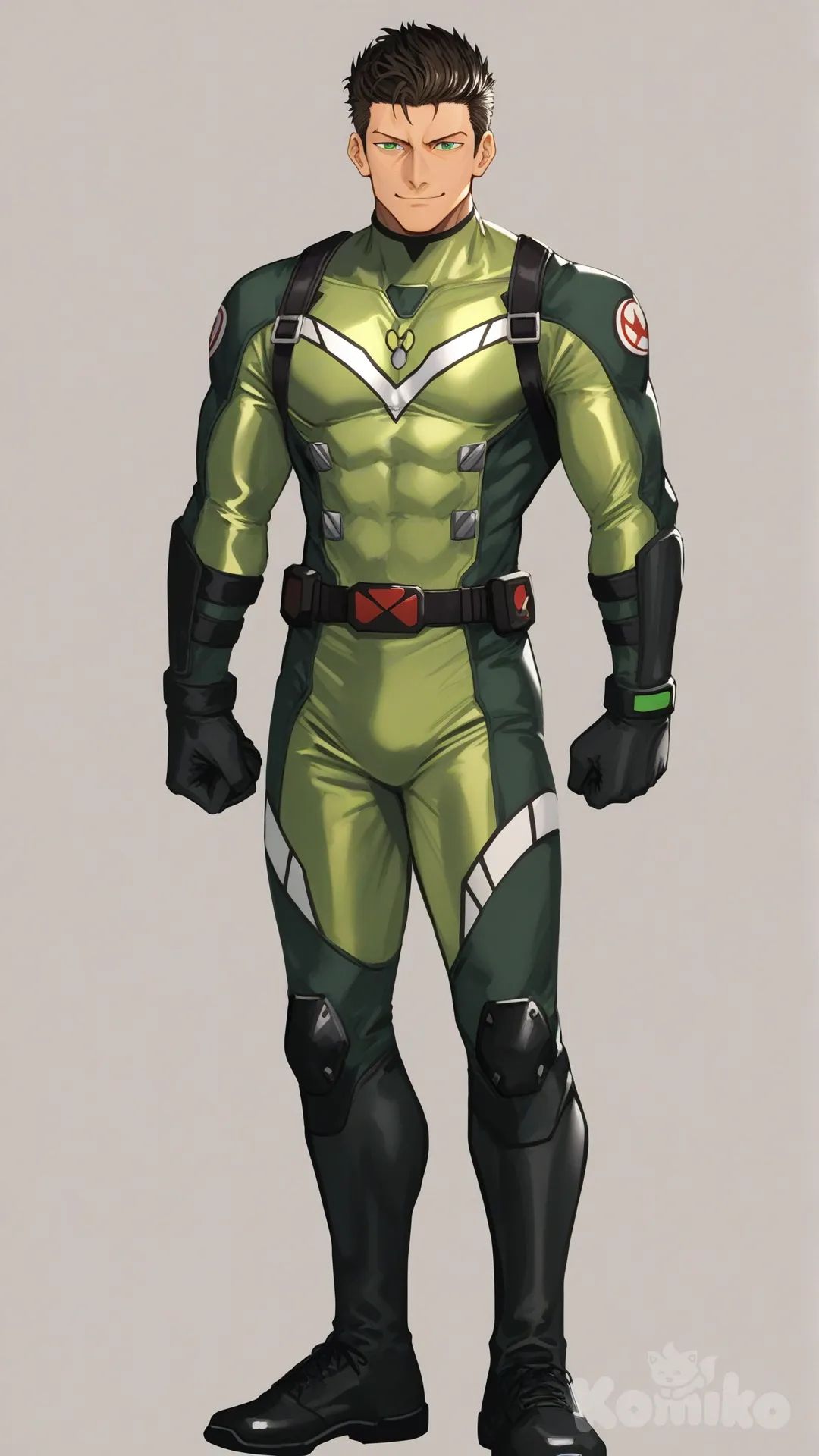 1boy, solo, white background, from front, front profile photo, looking at viewer,

Characters:
First character: Superhero, Matt Carter, Jock Studio, athletic body, low taper quiff cut olive hair color, green eyes, medium skin tone, mature, [serious-man-style], wears three tone green with black and white strap tight suit, superhero suit, superhero suit, full body, standing, closed mouth, smile