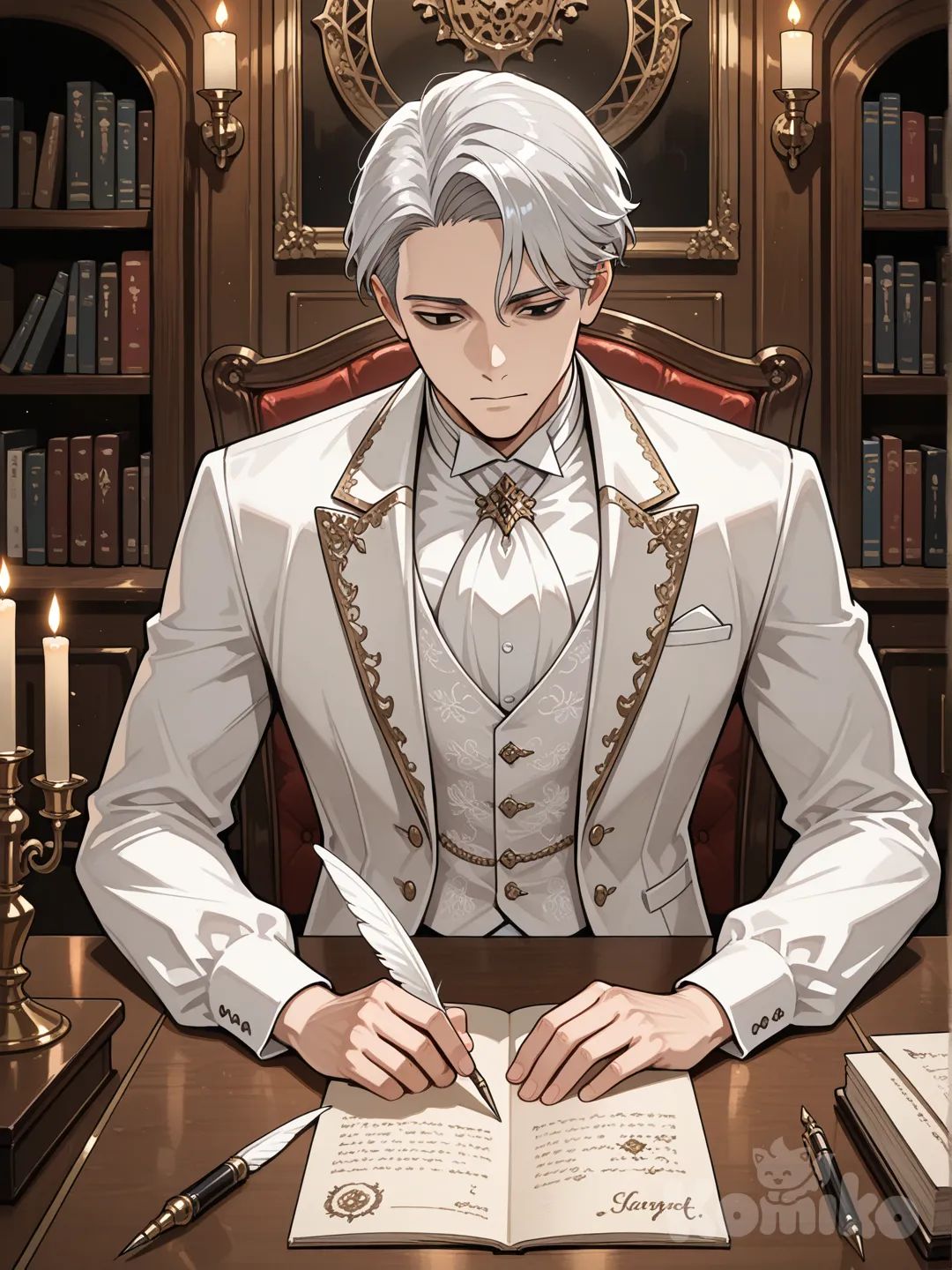 A man with silver hair, black eyes, wearing a white aristocratic dress, sitting and working for an office like a noble office, writing something using a feather pen. He is very handsome.