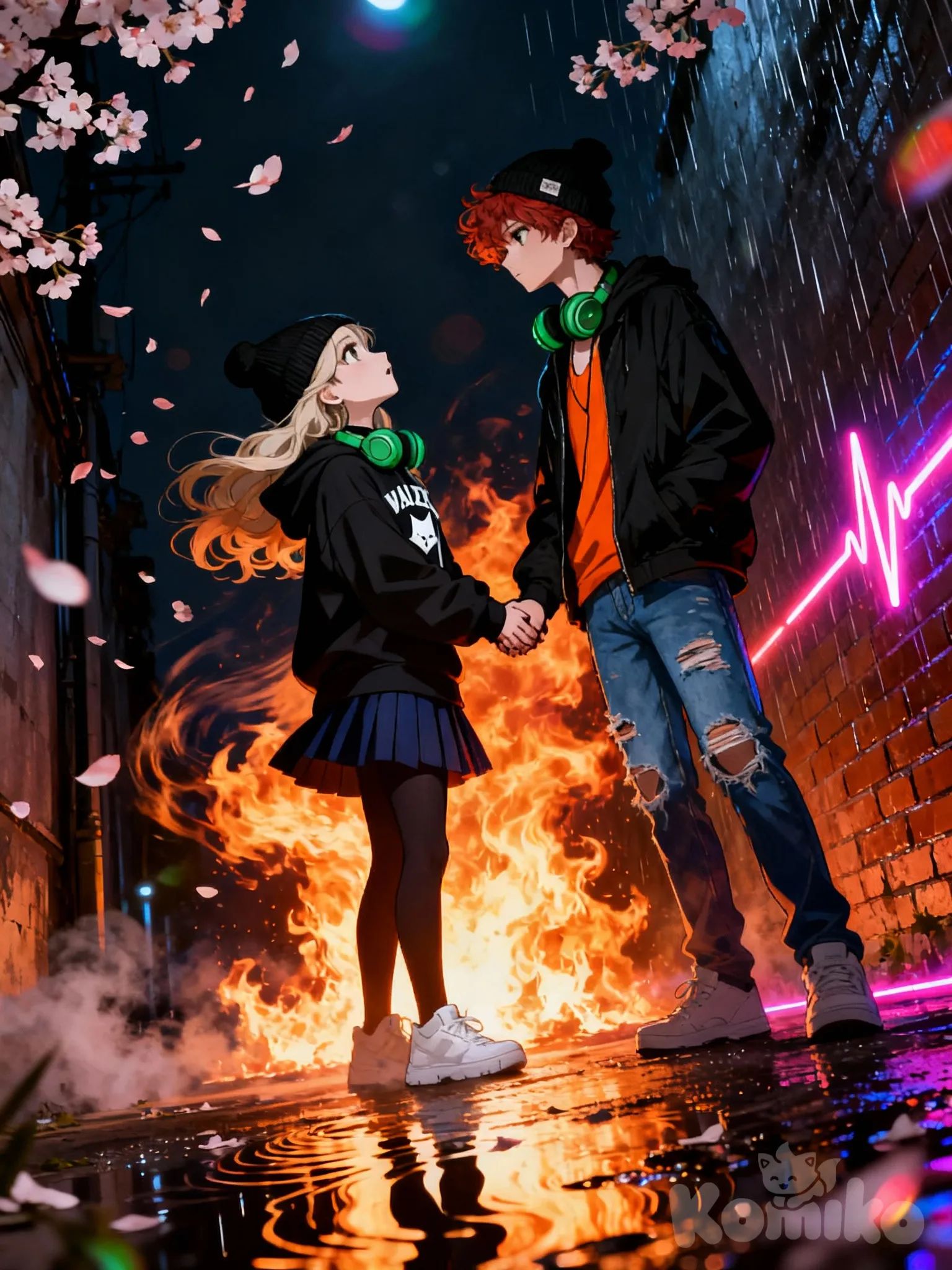 @shade-19CO, @max-2u8Z A dim alleyway at midnight, fire blooming behind a girl and boy with intertwined hands, she looks up pleadingly as he averts his gaze; molten embers ripple into the air, wind-caught petals swirl, slow push-in from the side revealing smoky reflections in rain-damp bricks, a heartbeat-like glow pulses as camera tilts upward to their silhouettes, shifting to a rain-soaked neon glow with subtle grain