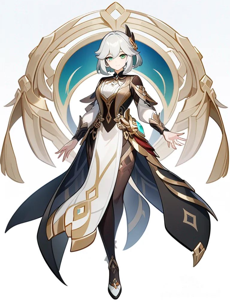1girl, Genshin Impact style, long silver hair, vibrant green eyes, slender frame, elegant dark red and gold attire, cold smile, delicate hands, graceful posture, mature, single character, full body, looking at viewer, anime style, simple background, white background