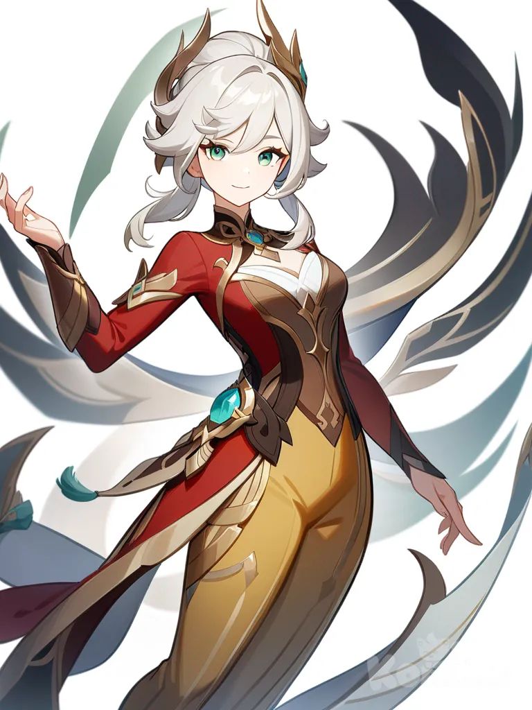 1girl, Genshin Impact style, long silver hair, vibrant green eyes, slender frame, elegant dark red and gold attire, cold smile, delicate hands, graceful posture, mature, single character, full body, looking at viewer, anime style, simple background, white background