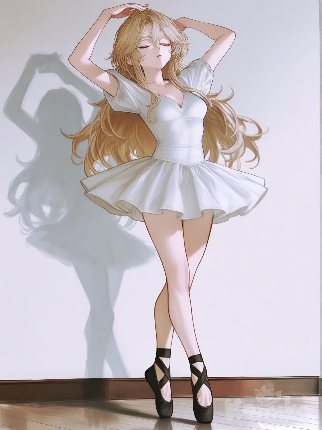 1girl, [semi-realistic-portrait-style], expressionless, ballerina, short flowing dress, long blonde hair, medium breasts, long legs, black ballet shoes, arms gracefully extended above head, legs crossed over gracefully, closed eyes, standing up on tiptoes