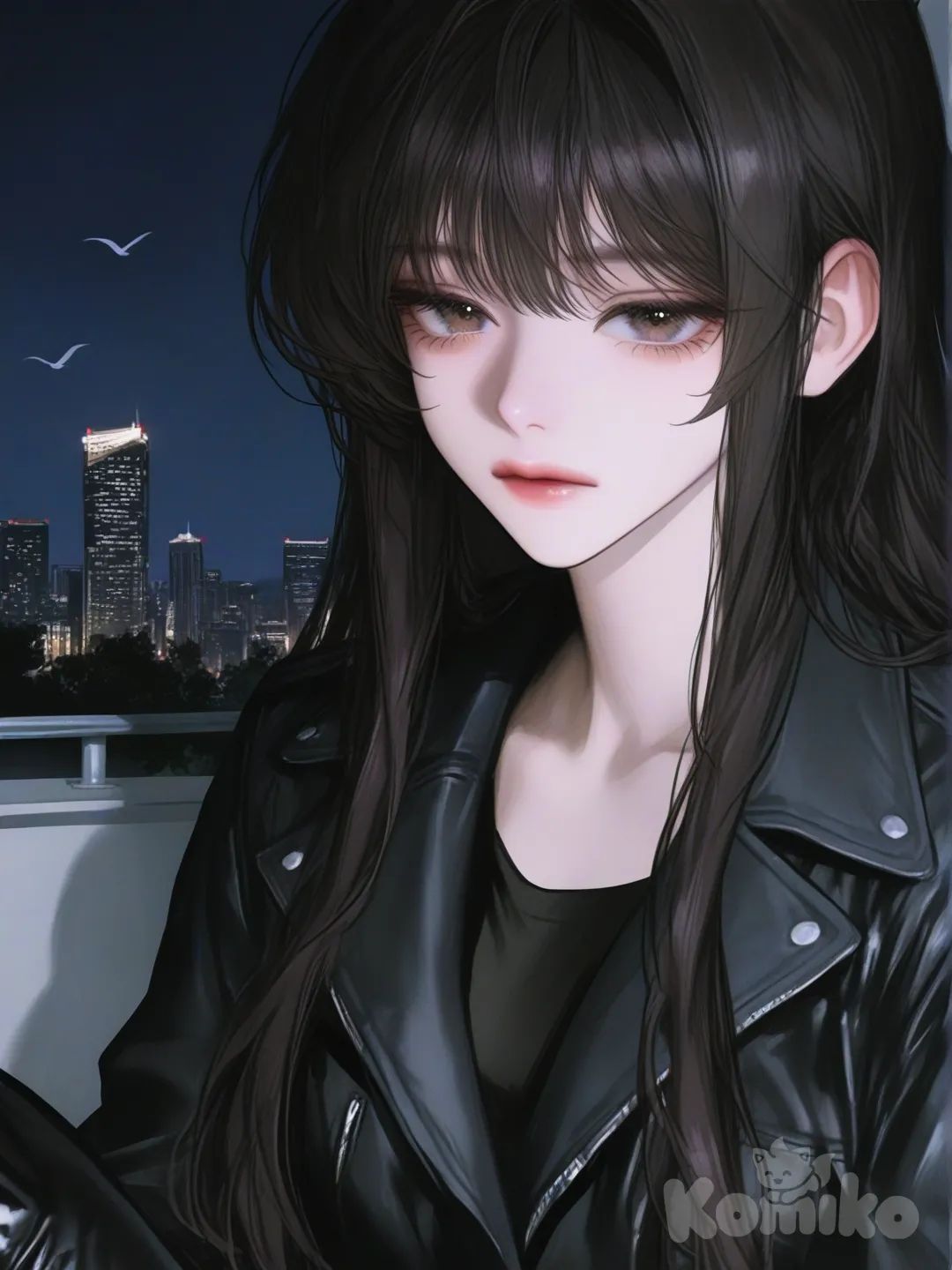 1girl, [semi-realistic-portrait-style], sitting on the ground, expressionless, black shirt, black boots, large grey bird wings, black jacket, cute, very long flowing black hair, skyscraper rooftop, landscape, oriented as portrait, night