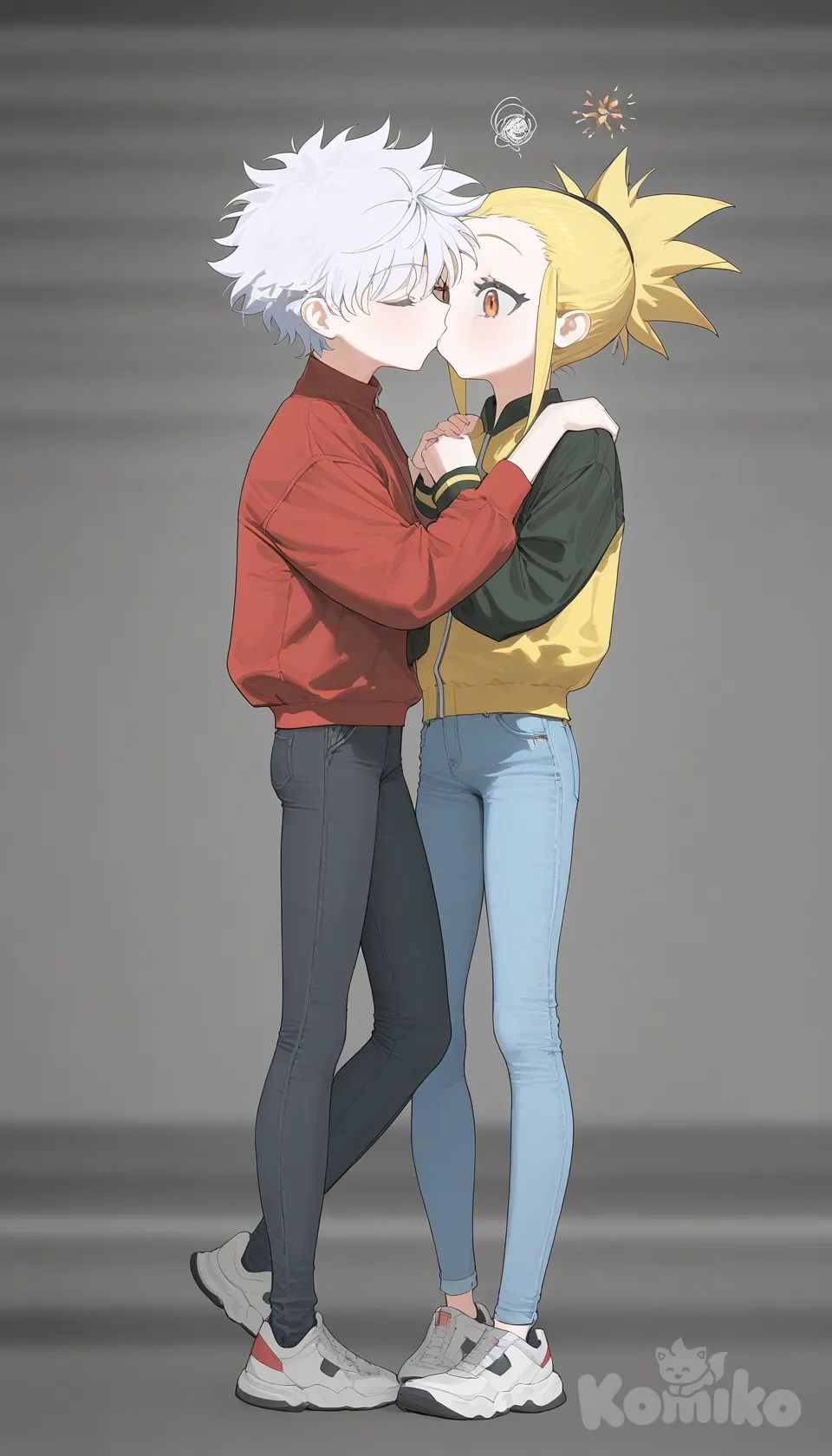 1girl, jeans, blonde hair, ivory white, full body, [vibrant-anime-style], Gon Freecss, Killua Zoldyck, kissing, portrait