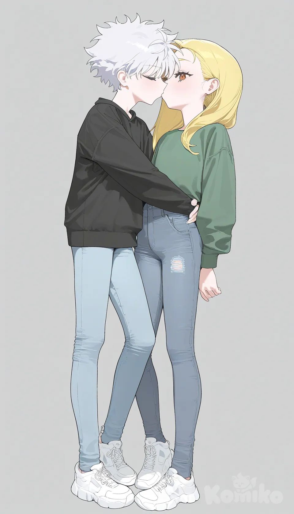 jeans, blonde hair, ivory white, full body, [vibrant-anime-style], Gon Freecss, Killua Zoldyck, kissing, portrait