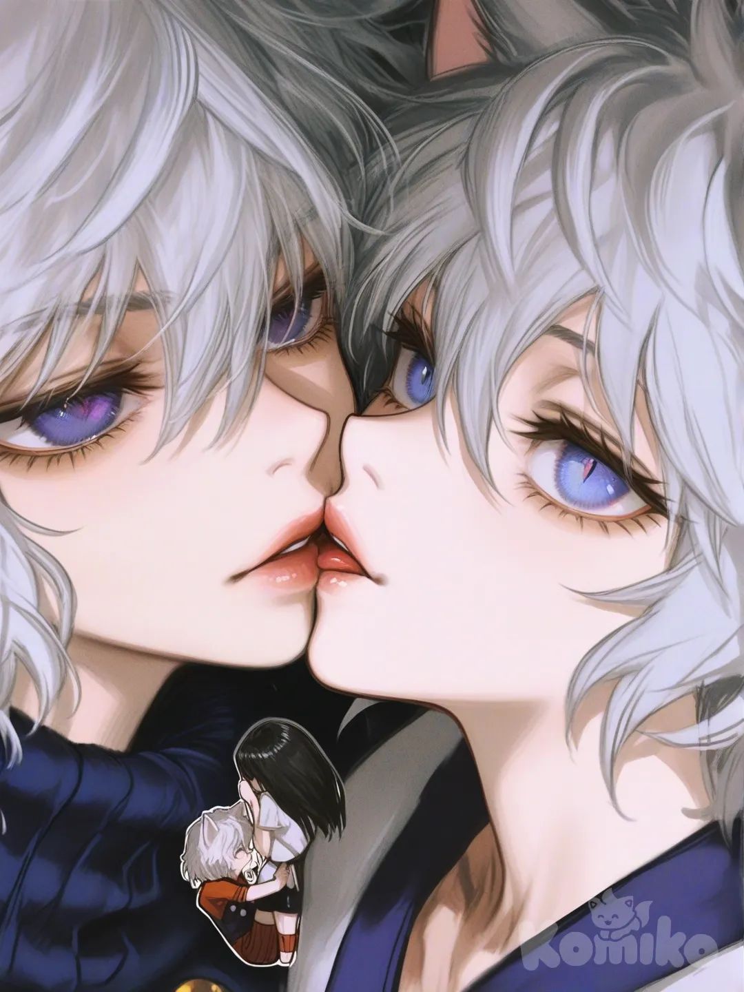 1boy, 1girl, 2people, Killua Zoldyck, Neferpitou, kissing, portrait, full body, [semi-realistic-portrait-style]