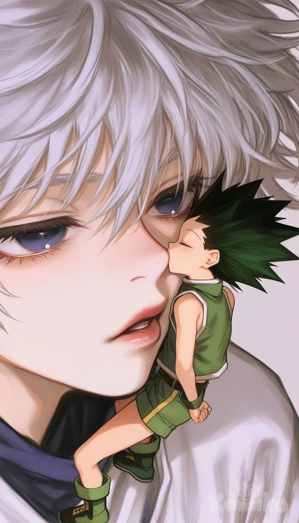 full body, Gon Freecss, Killua Zoldyck, kissing, portrait, [semi-realistic-portrait-style]