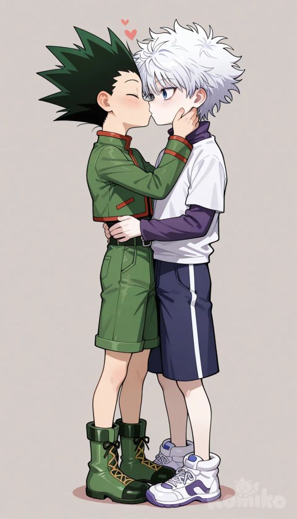 full body, Gon Freecss, Killua Zoldyck, kissing, [semi-realistic--style]