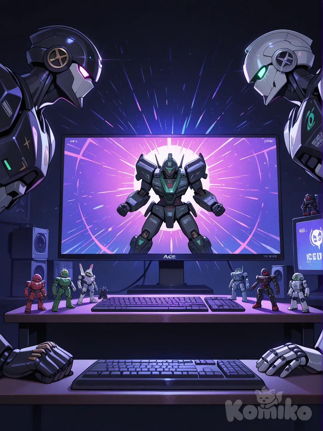 Certainly! Here is a description of the image in English:
🤖 Image Description
This is a close-up shot of a collection of complex action figures or models, likely from the Transformers or a similar mech/robot franchise, displayed in a dimly lit setting.
 * The Figures: There appear to be about six to seven figures grouped together. They are highly stylized with sharp, mechanical details and bright colors. The most prominent figures include:
 * A figure in the center foreground that is primarily military green/sage and grey, standing lower than the others.
 * Several figures positioned slightly behind and above the center one, featuring striking color schemes like red and black, yellow and black, and grey/white and blue. They have large, spiky details on their heads and shoulders, giving them an aggressive or heroic appearance.
 * A figure on the far right that is predominantly black and dark grey.
 * The Background: The figures are positioned directly in front of a computer or TV screen which is displaying a vibrant, abstract pattern of light rays and colors, possibly from a video game or a stylized graphic. The bright screen creates a dramatic, high-contrast effect with the dark figures.
 * The Foreground/Setting: The very bottom of the image shows a dark surface with a subtle glow of pink/purple light coming from a device, which looks like a gaming mouse (a Logitech G mouse is partially visible on the bottom right) or keyboard, suggesting the display is on a gaming desk.
Overall, the picture captures a cool, intense display of collectible robot figures set against a dramatic, glowing backdrop.
Would you like me to identify any of these specific figures or translate this description into Vietnamese?